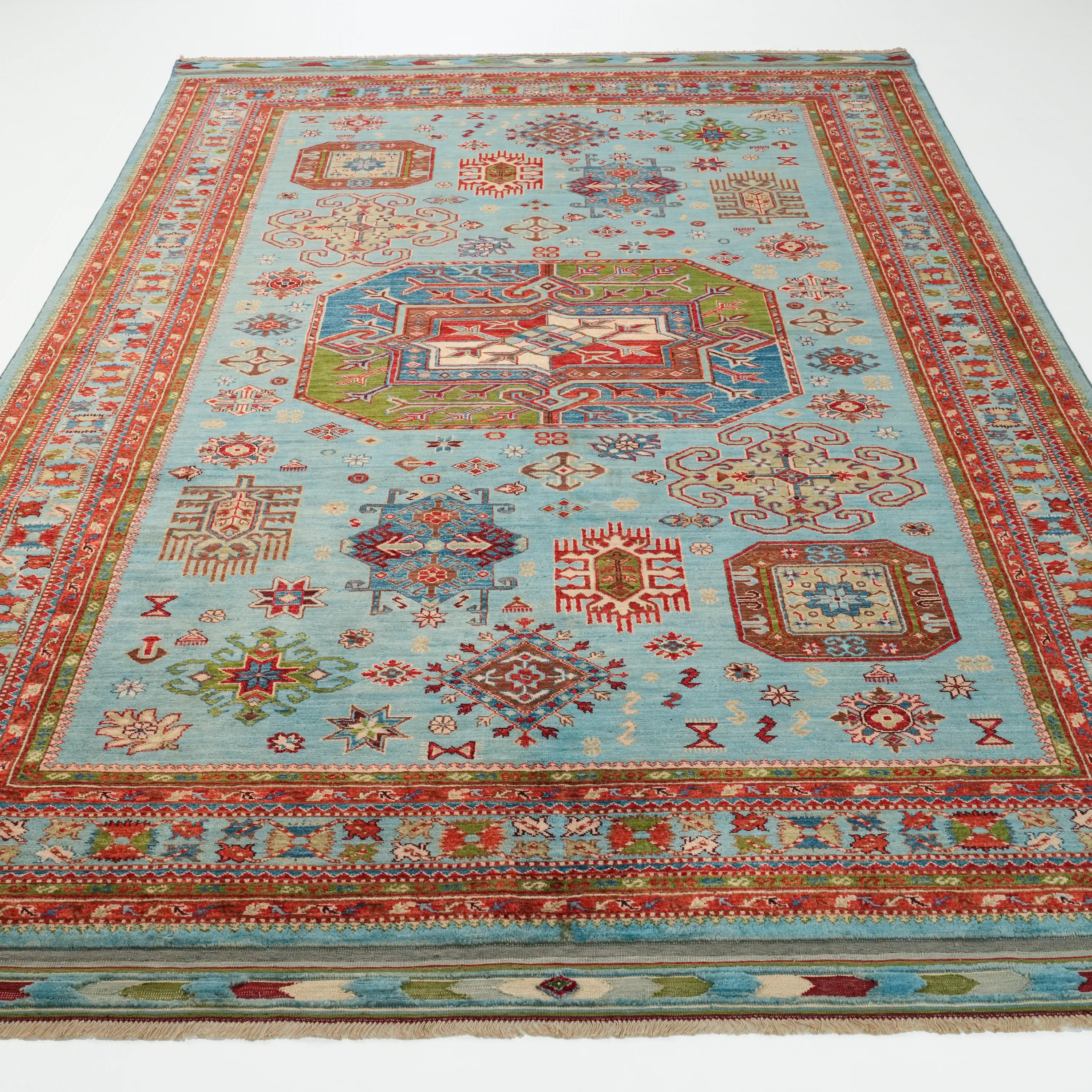 Handwoven Anatolian Patterned Turquoise Wool Rug