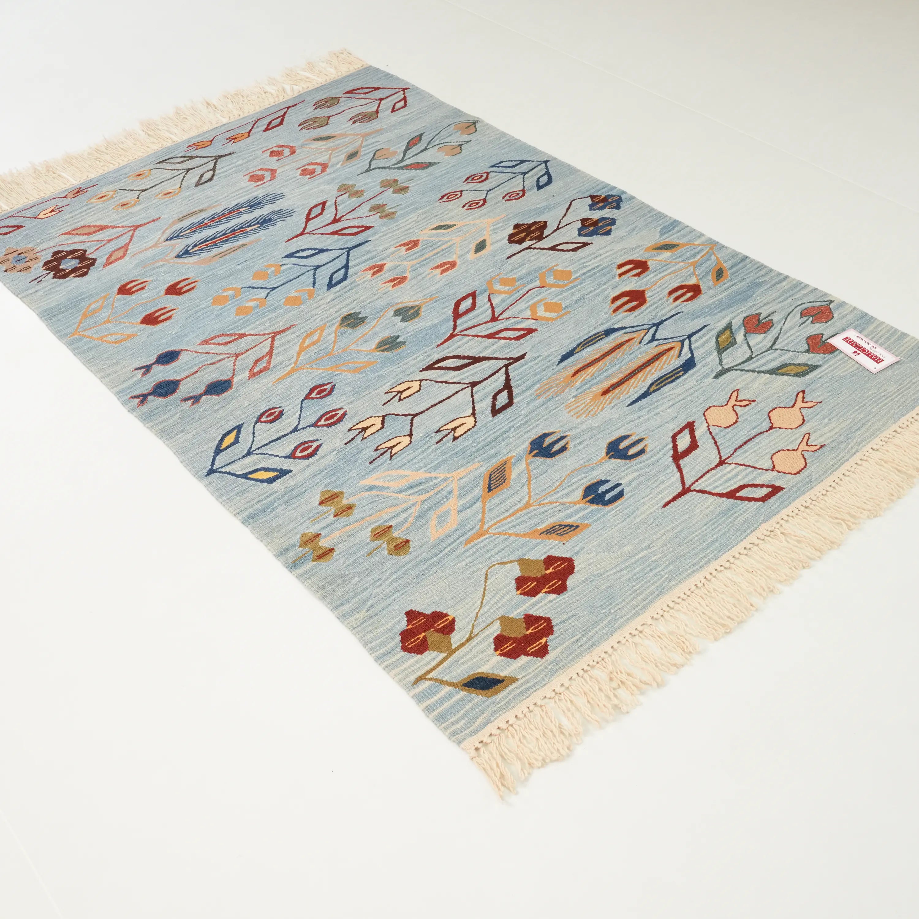 El Dokuma Anadolu Desenli Turkuaz Yün Kilim