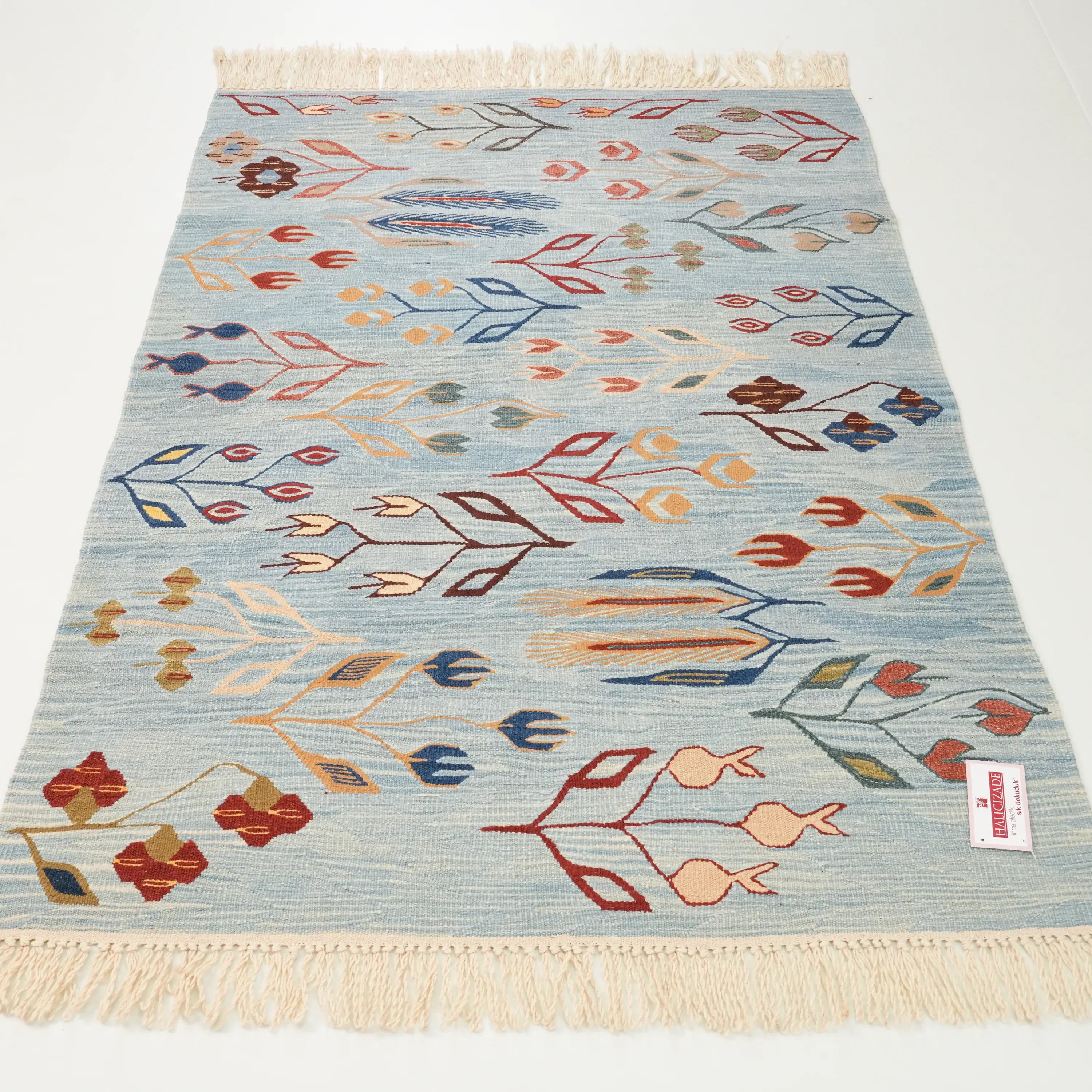 El Dokuma Anadolu Desenli Turkuaz Yün Kilim