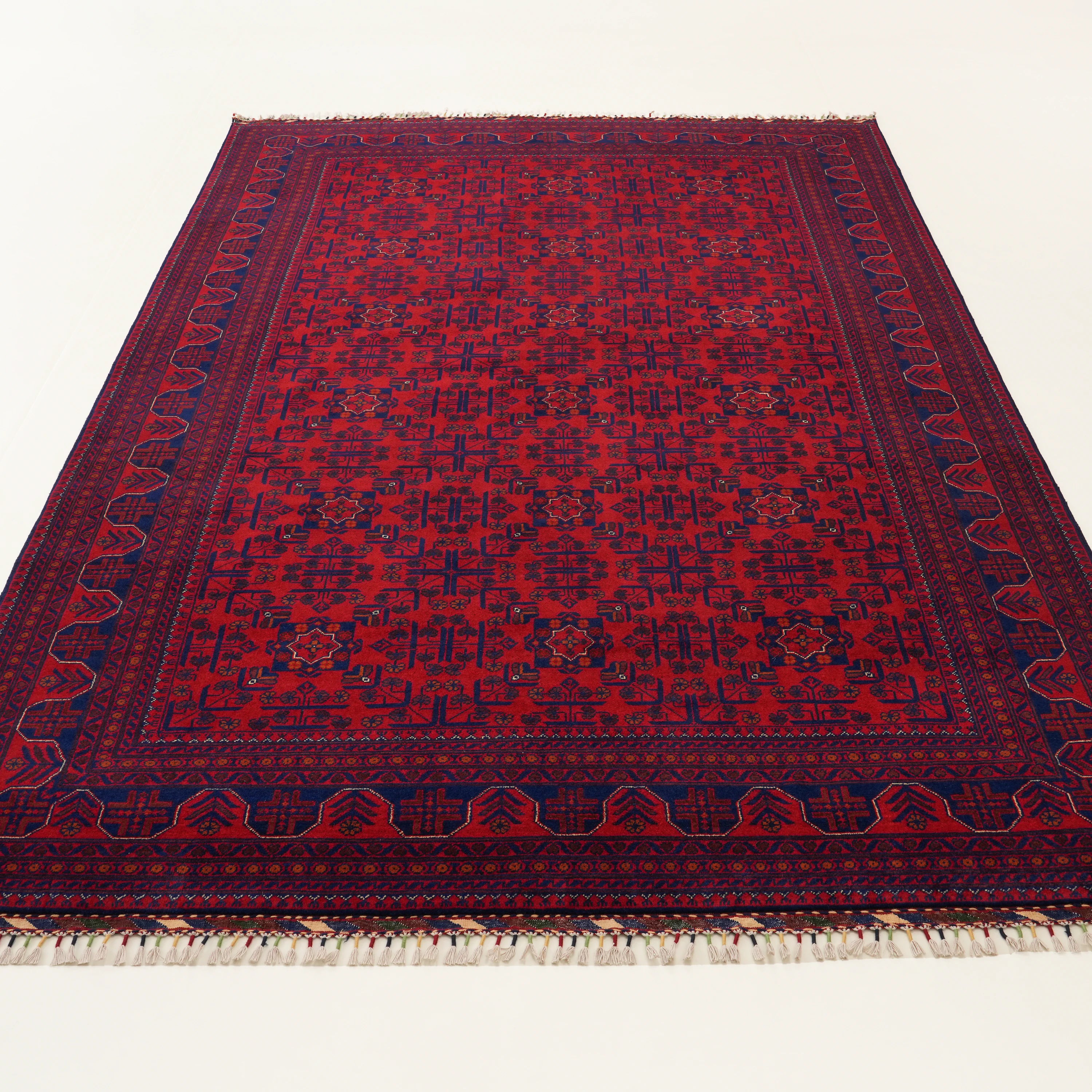 Handwoven Burgundy Afghan-Patterned Wool Khamyap Rug
