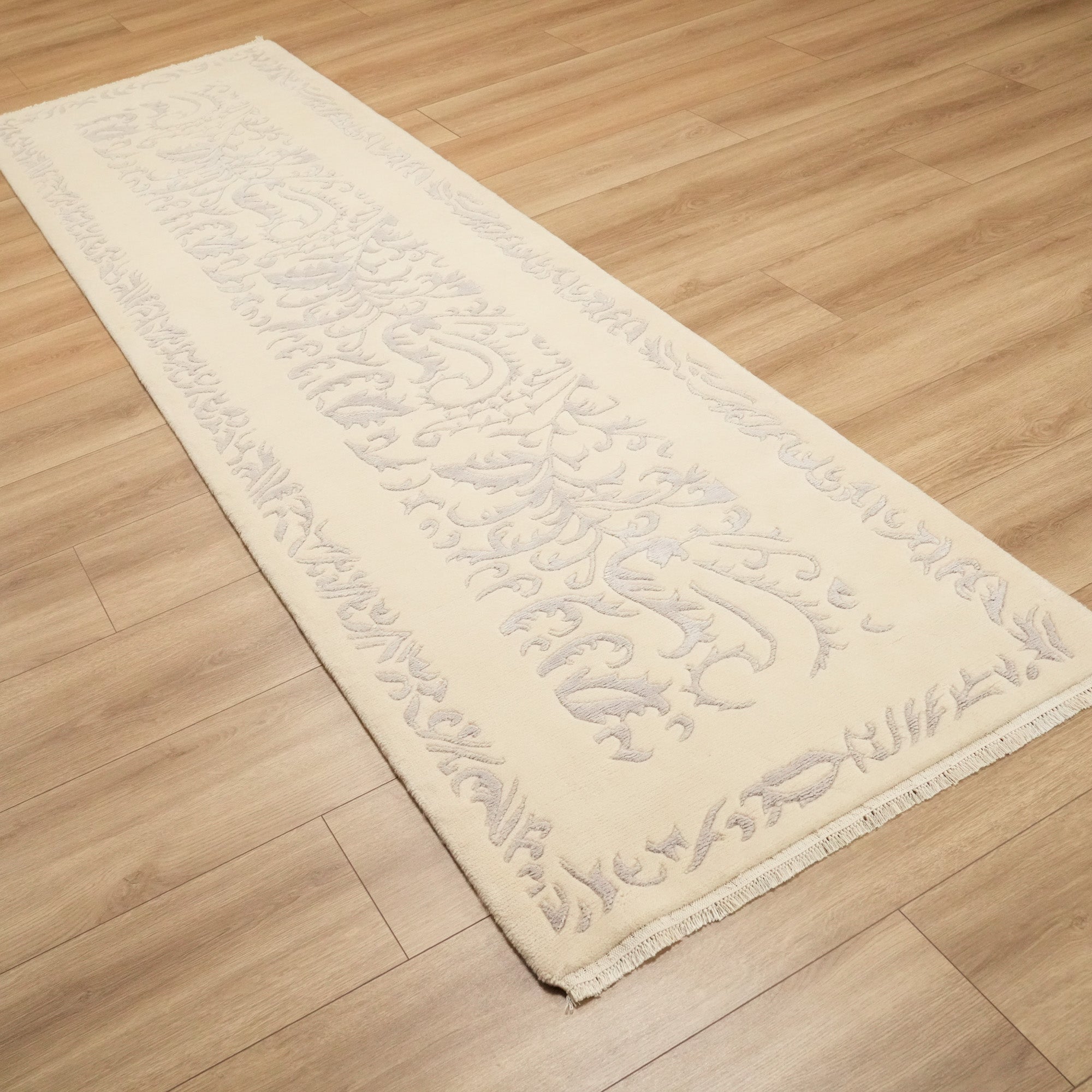 Hand Woven Frame Patterned Cream Wool Carpet
