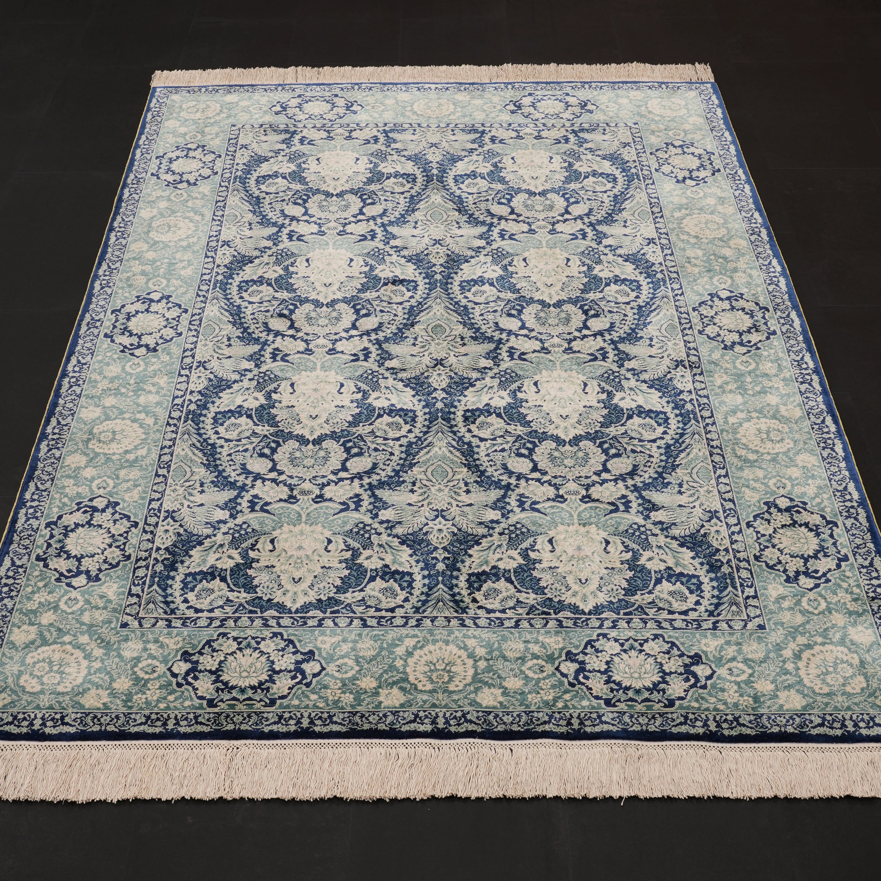 Handwoven Frame Pattern Pure Silk Blue Rug