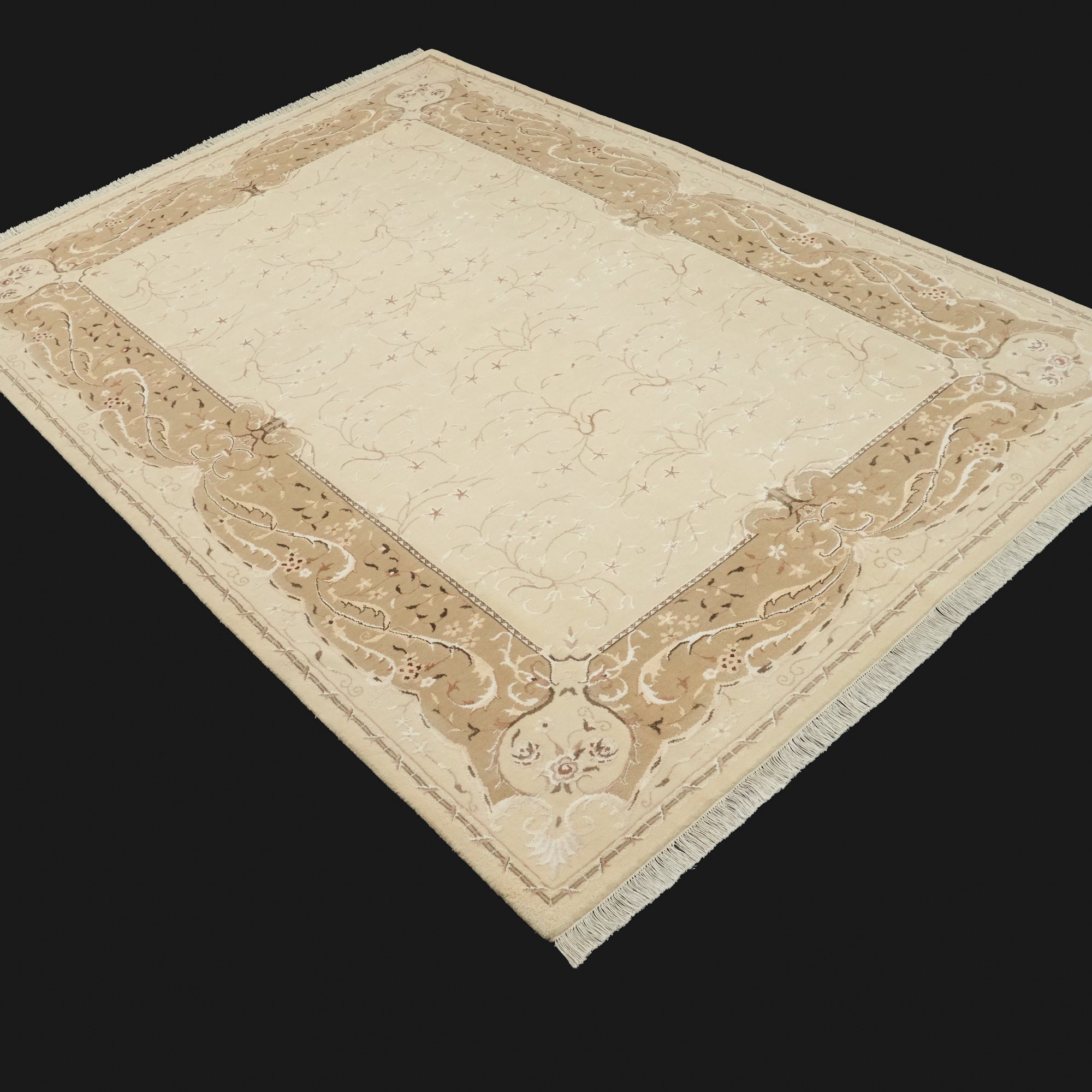 Hand Woven Frame Patterned Wool Cream Carpet