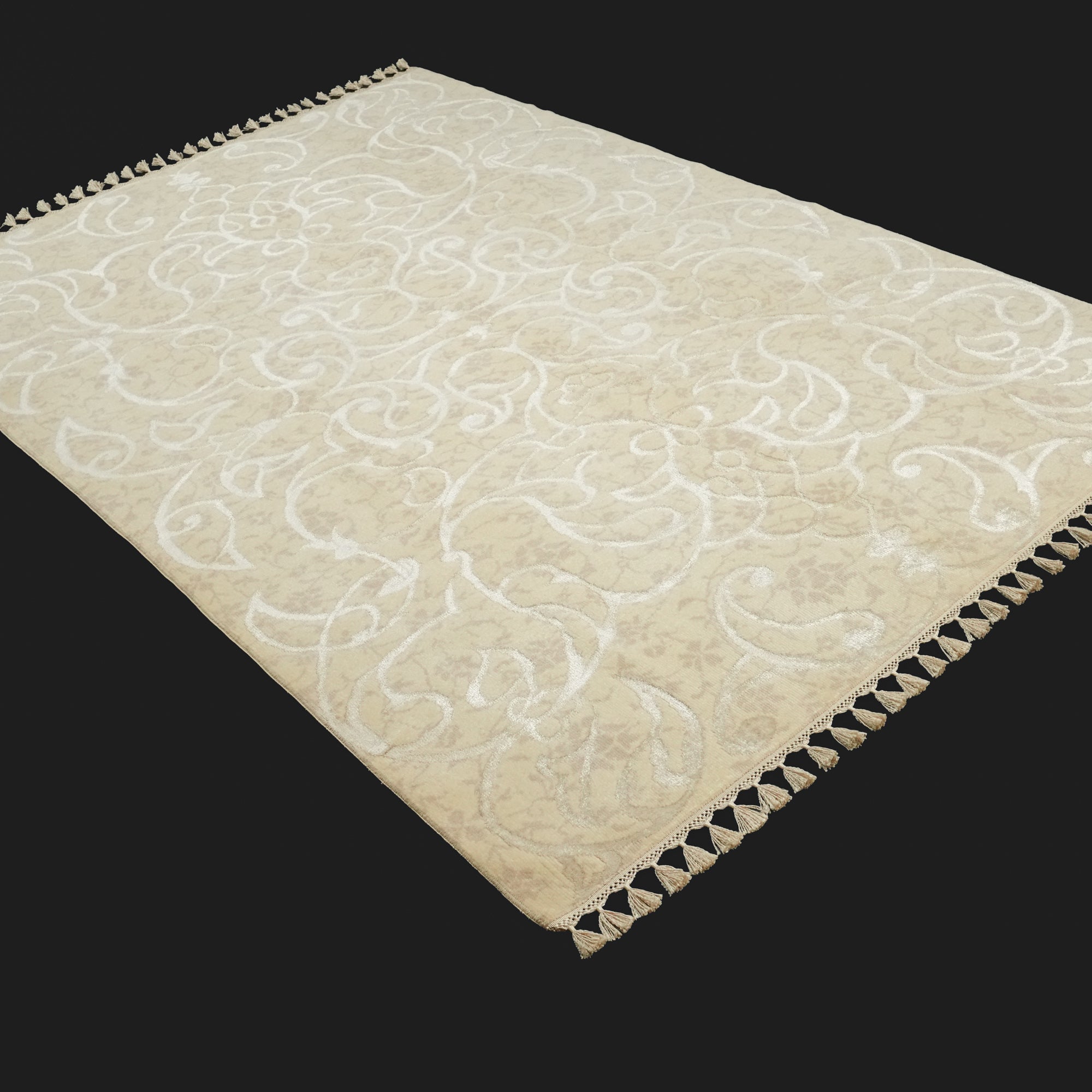 El Dokuma Çiçek Desenli Beyaz Yün Halı