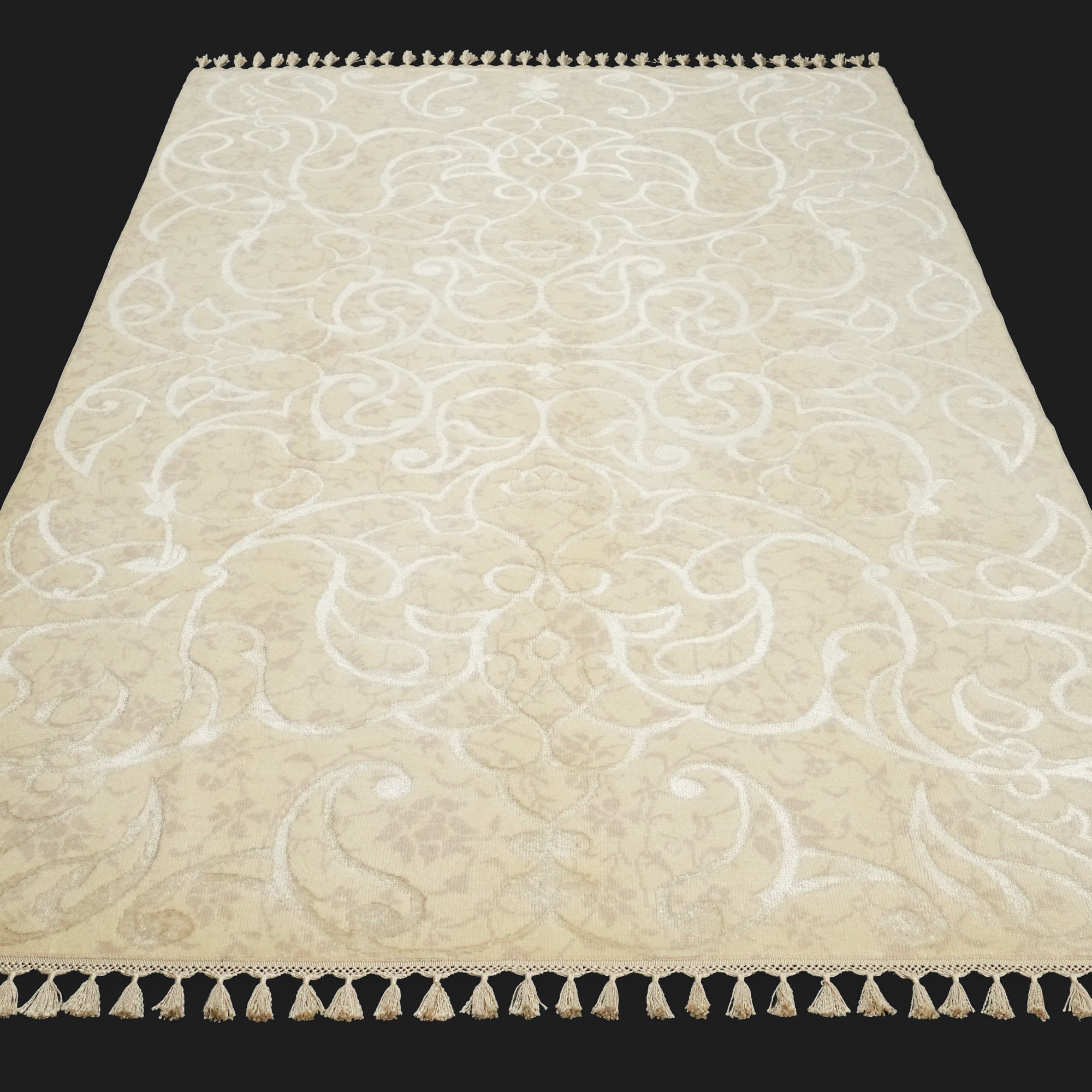 El Dokuma Çiçek Desenli Beyaz Yün Halı