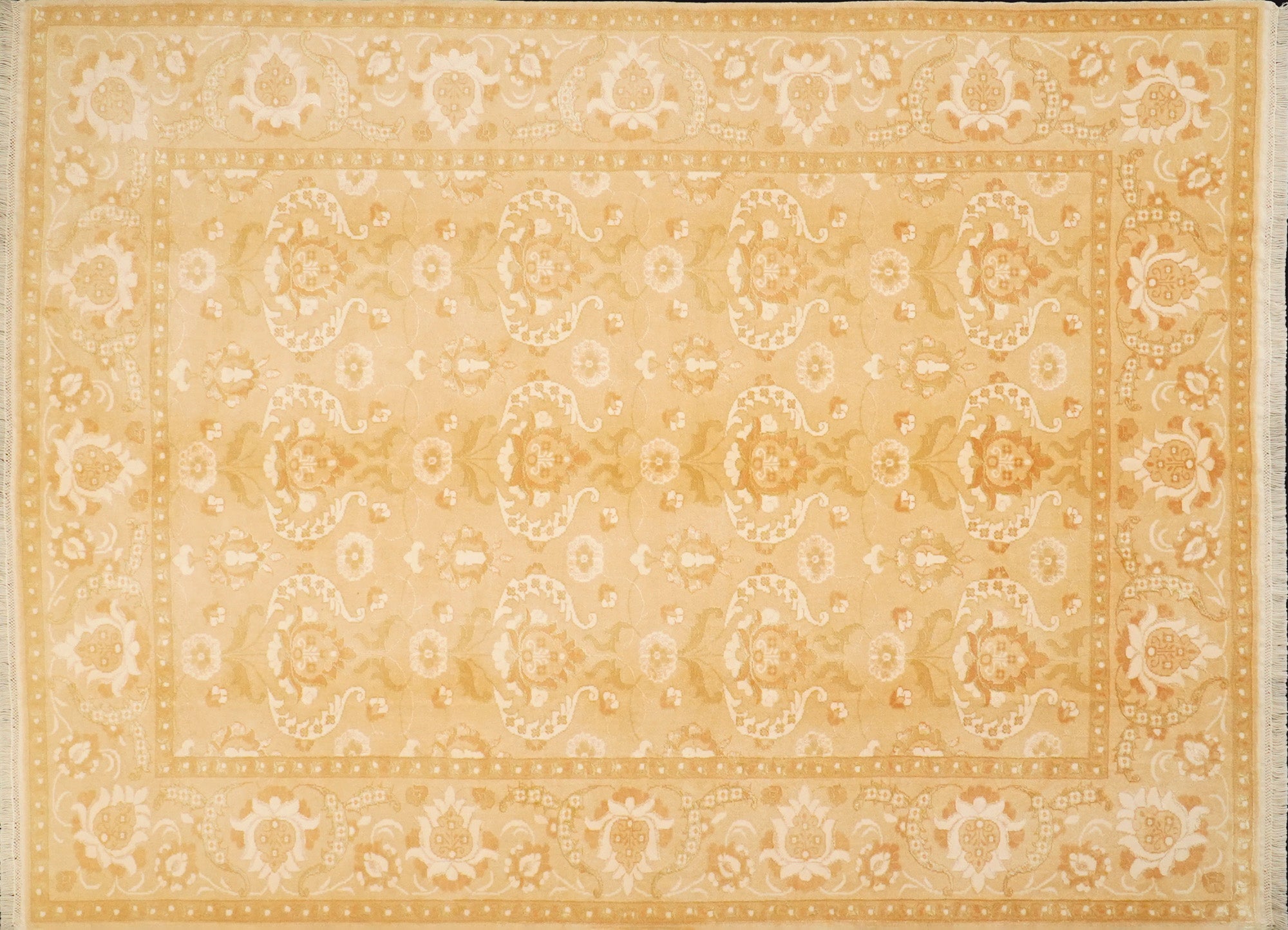 Hand Woven Floral Patterned Wool Silk Cream Carpet