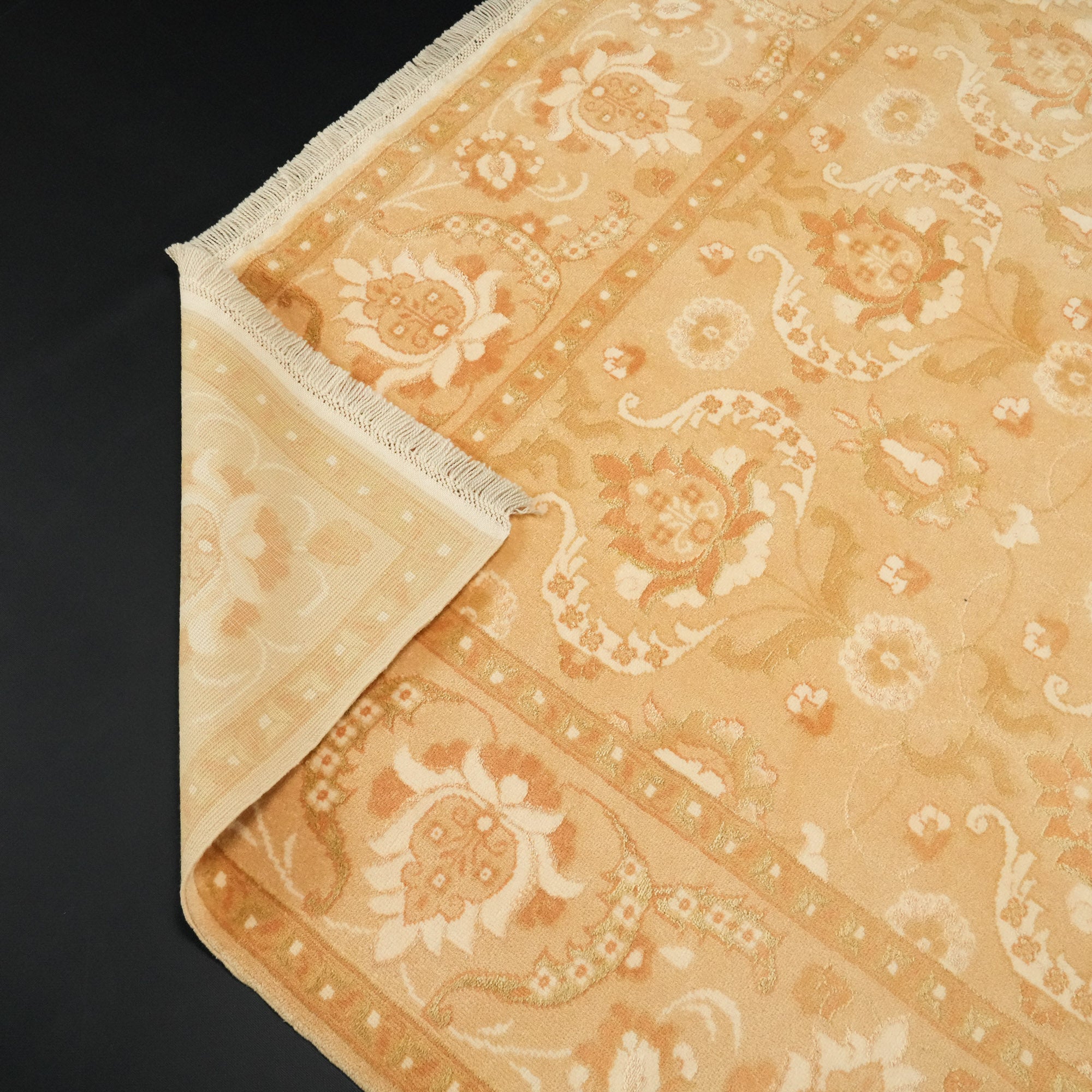 Hand Woven Floral Patterned Wool Silk Cream Carpet