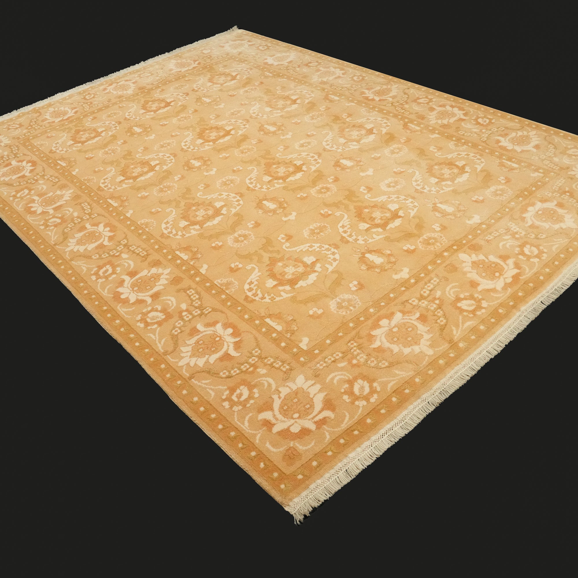 Hand Woven Floral Patterned Wool Silk Cream Carpet