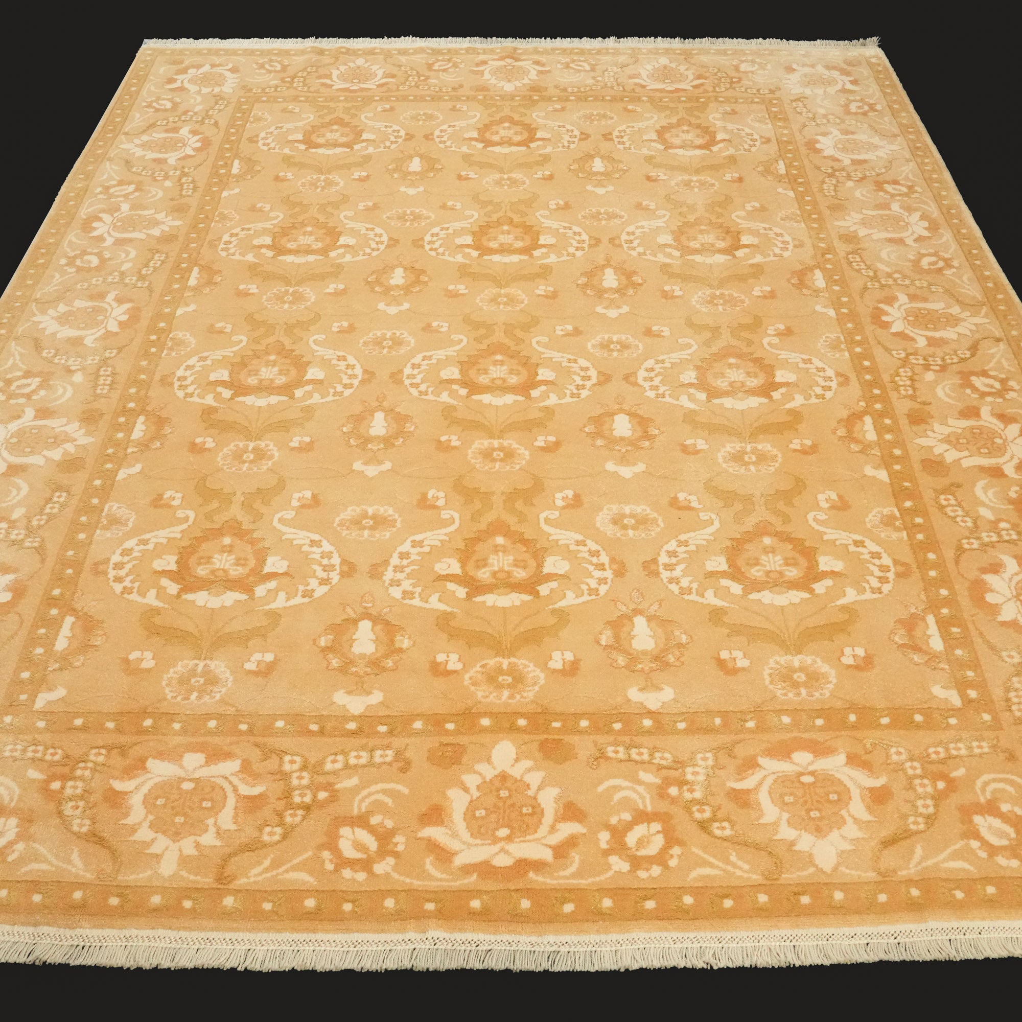 Hand Woven Floral Patterned Wool Silk Cream Carpet