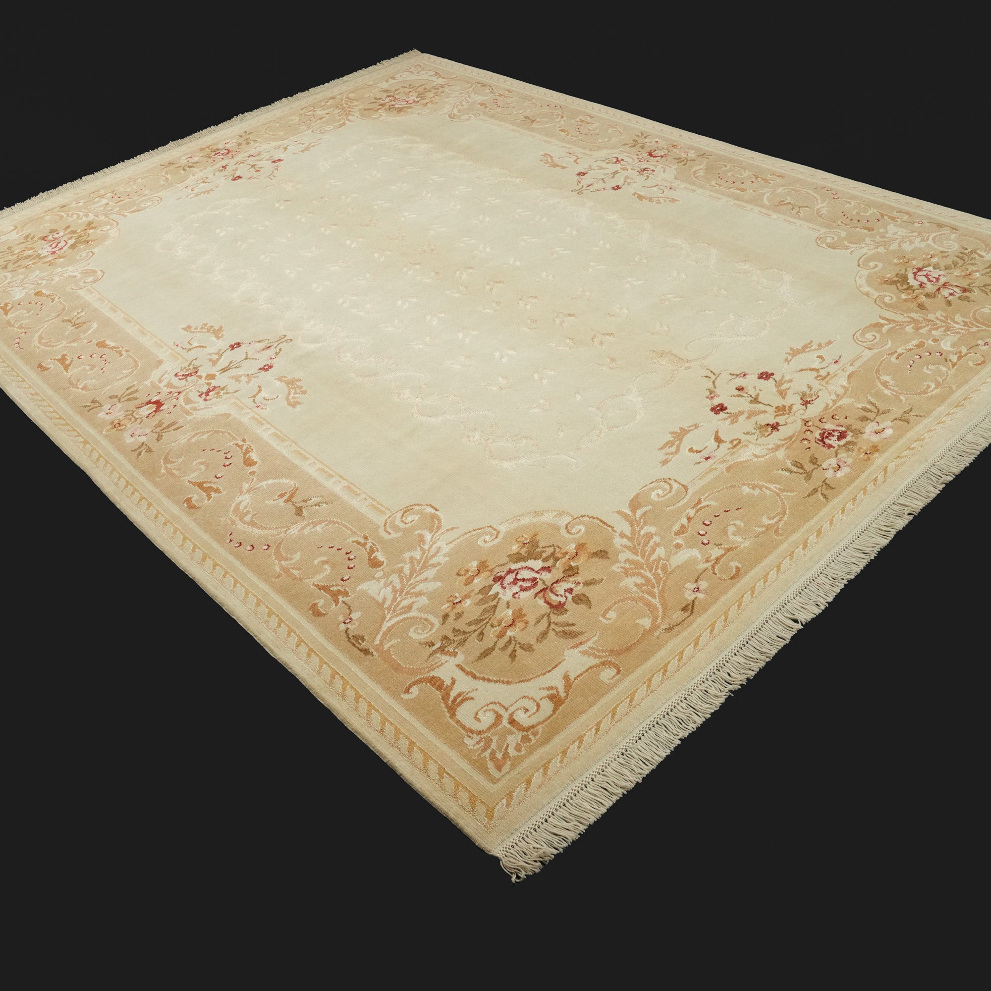 El Dokuma Çiçek Desenli Yün Krem Halı