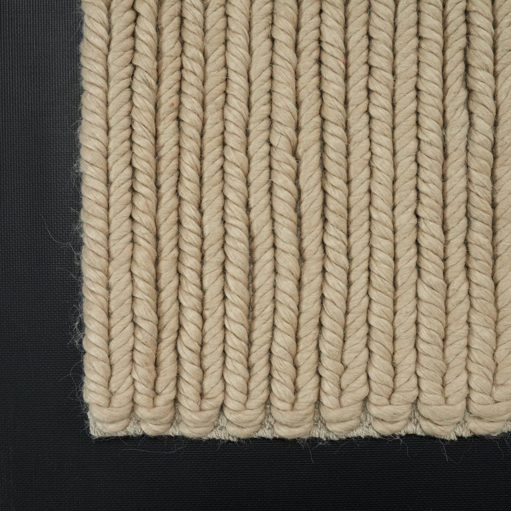 Hand Woven Line Patterned Beige Wool Carpet