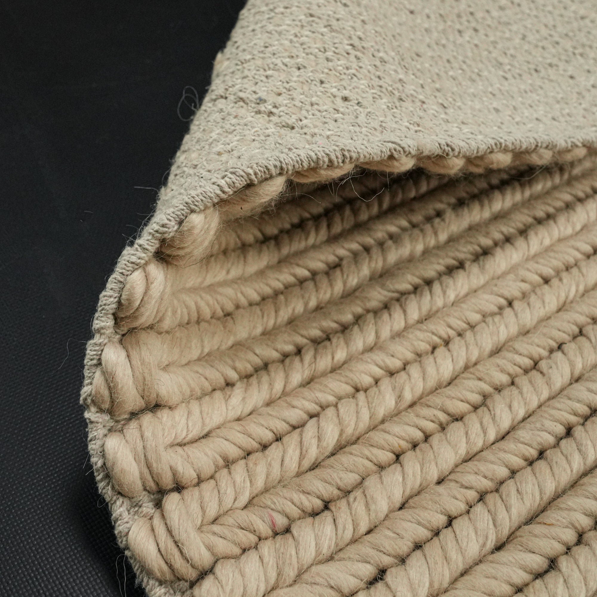 Hand Woven Line Patterned Beige Wool Carpet