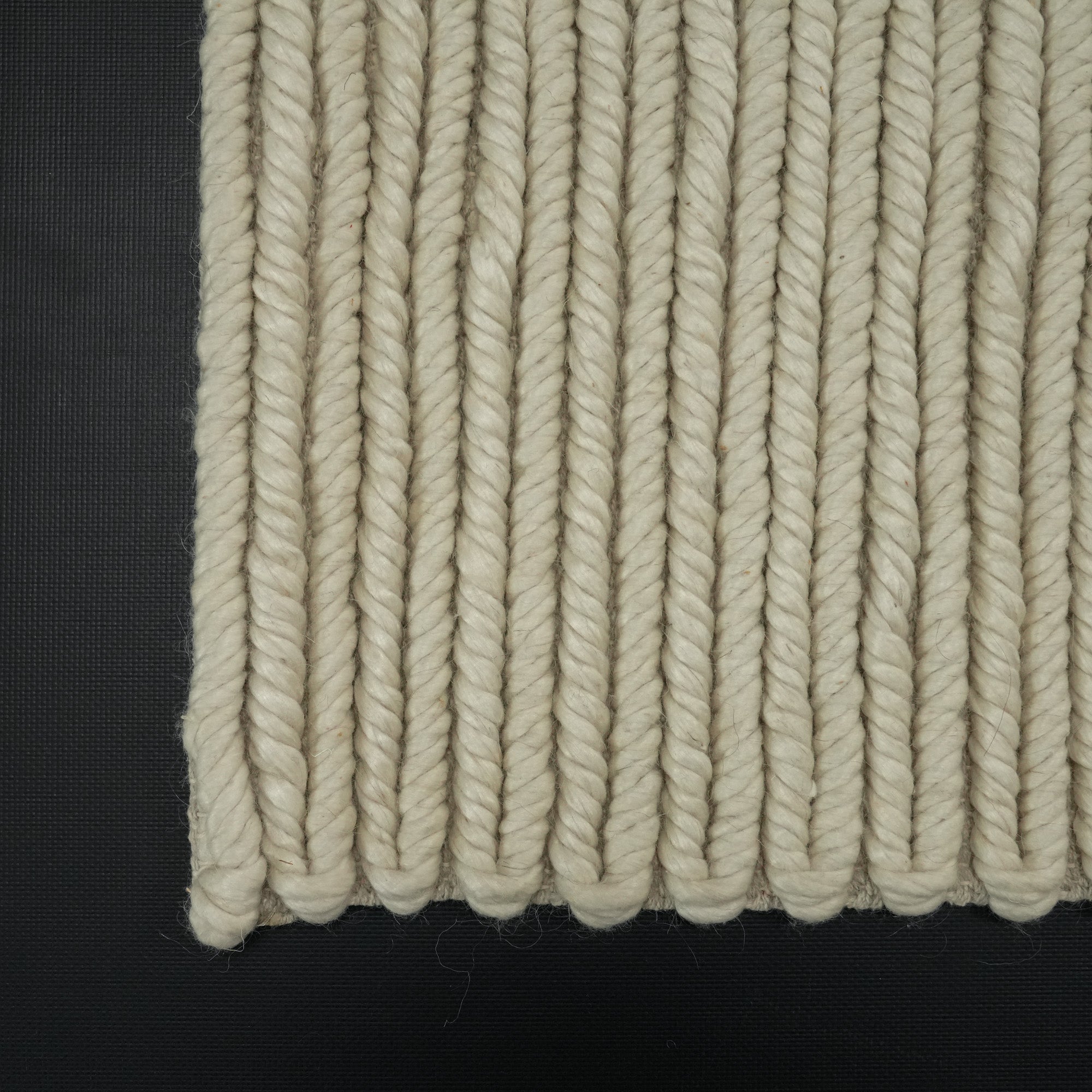 Hand-Woven Stripe Patterned White Wool Carpet