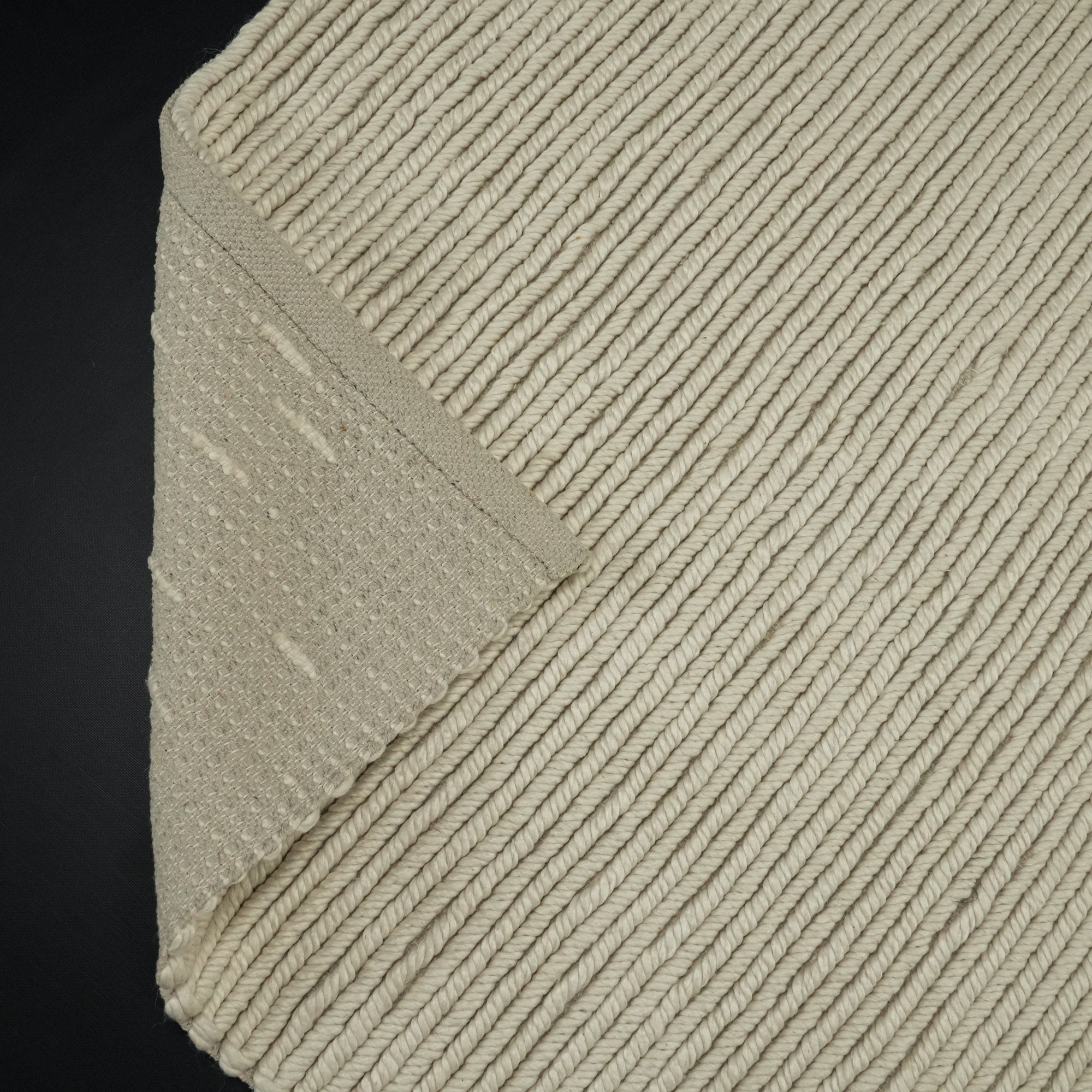 Hand-Woven Stripe Patterned White Wool Carpet