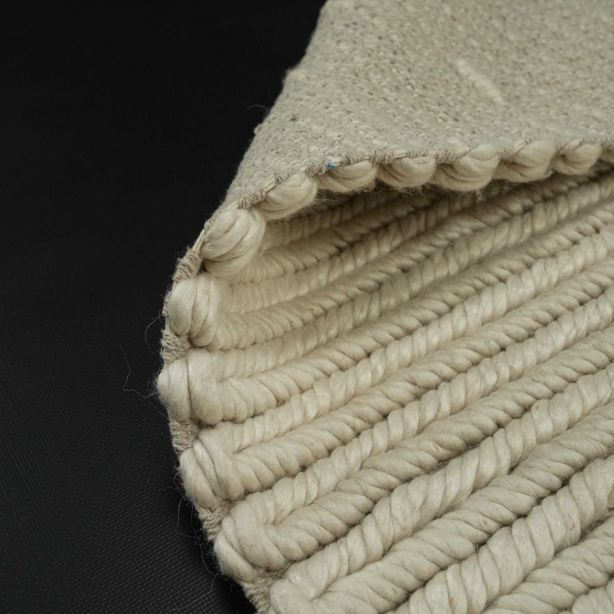 Hand-Woven Stripe Patterned White Wool Carpet