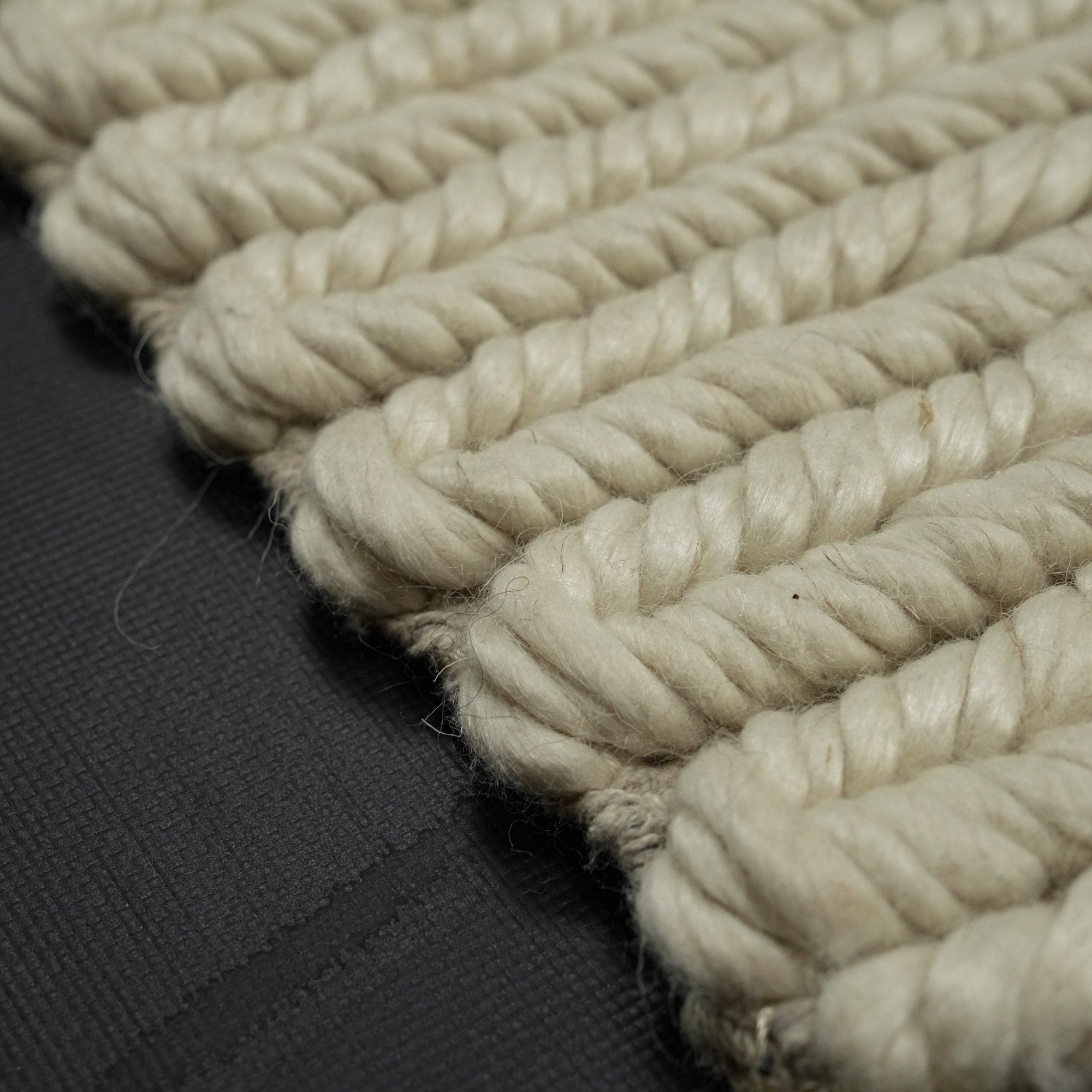 Hand-Woven Stripe Patterned White Wool Carpet