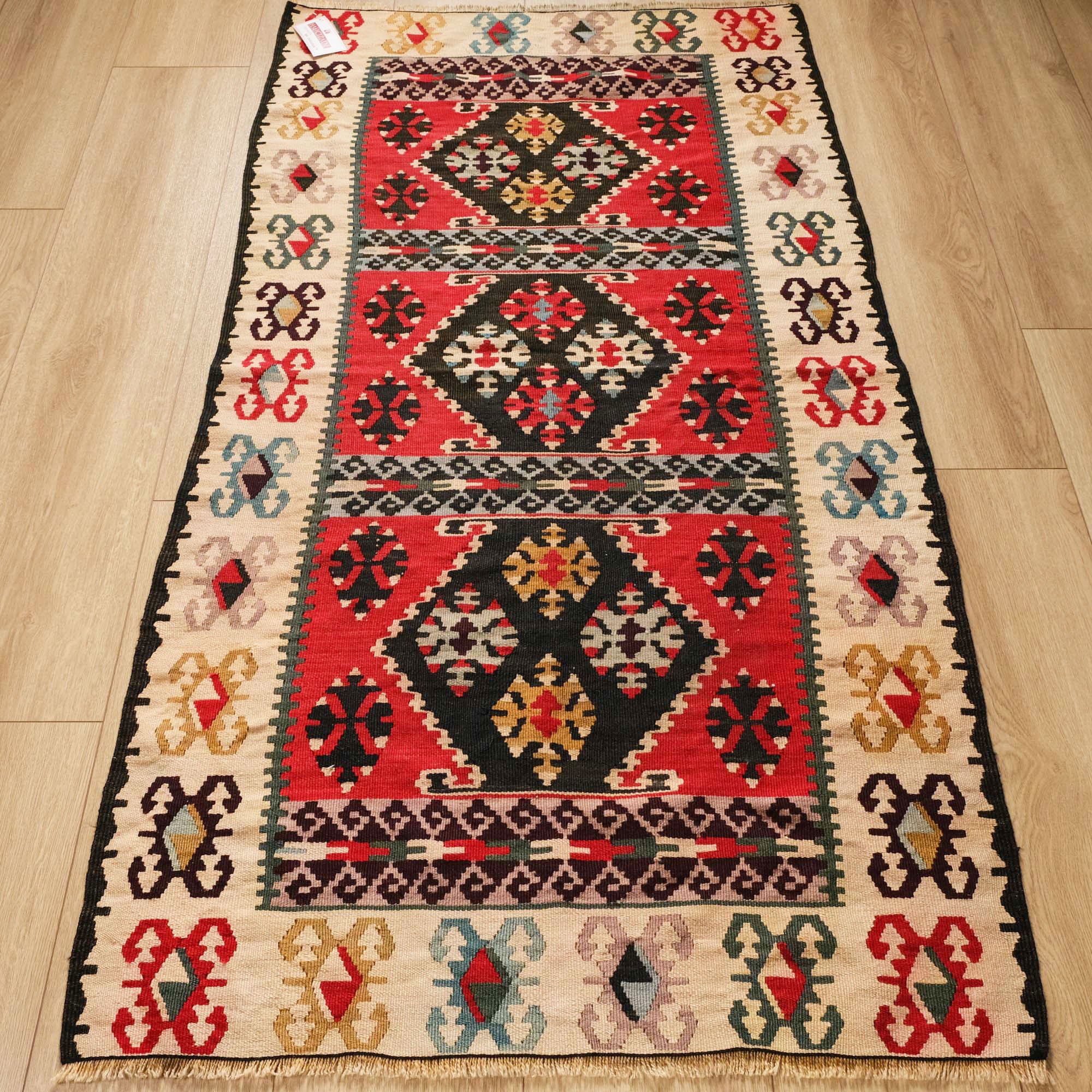 El Dokuma Etnik Tasarımlı Rengarenk Sandık Eskisi Yün Kilim