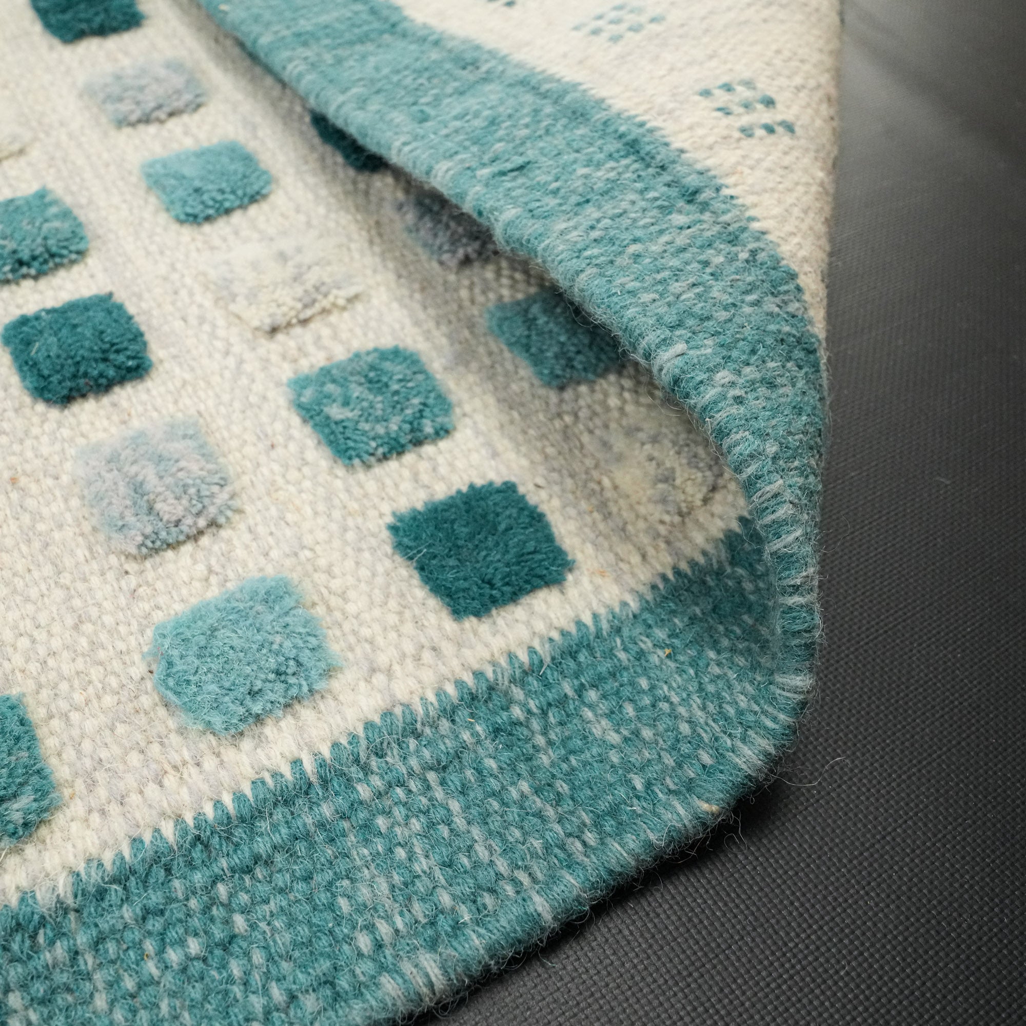 Hand Woven Geometric Patterned Blue Wool Rug