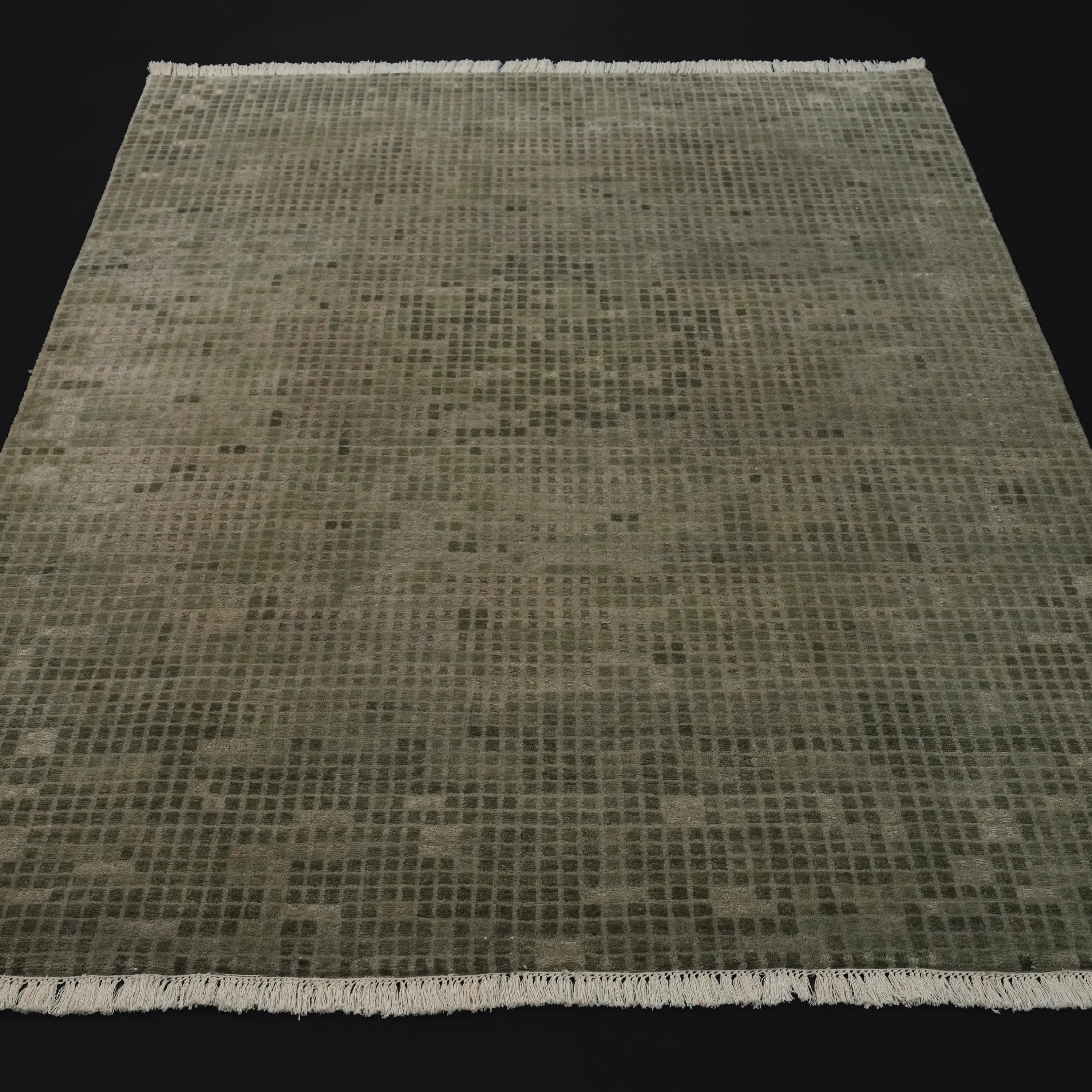 El Dokuma Geometrik Desenli Yün Yeşil Halı