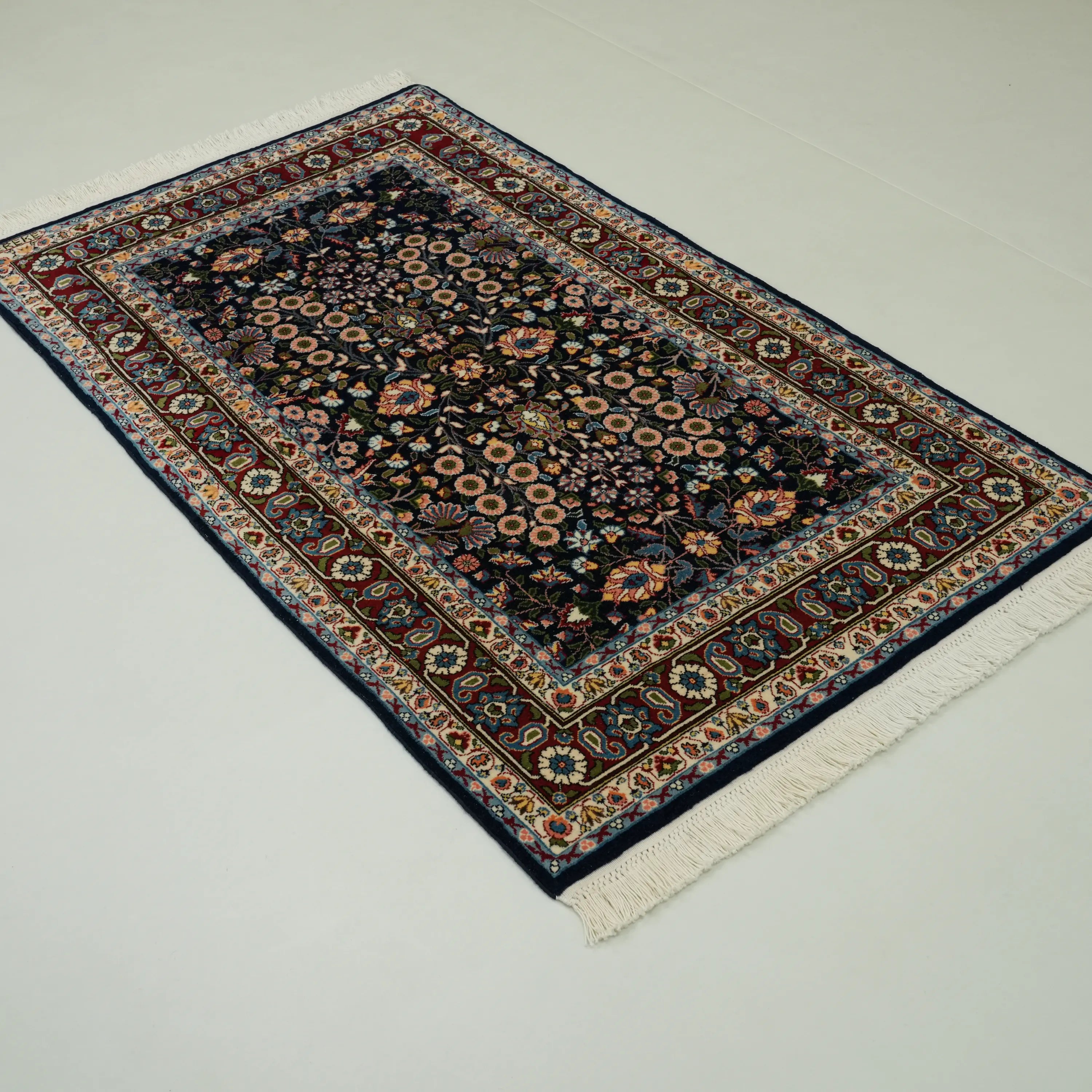 Handwoven Hereke Patterned Navy Blue Wool Rug