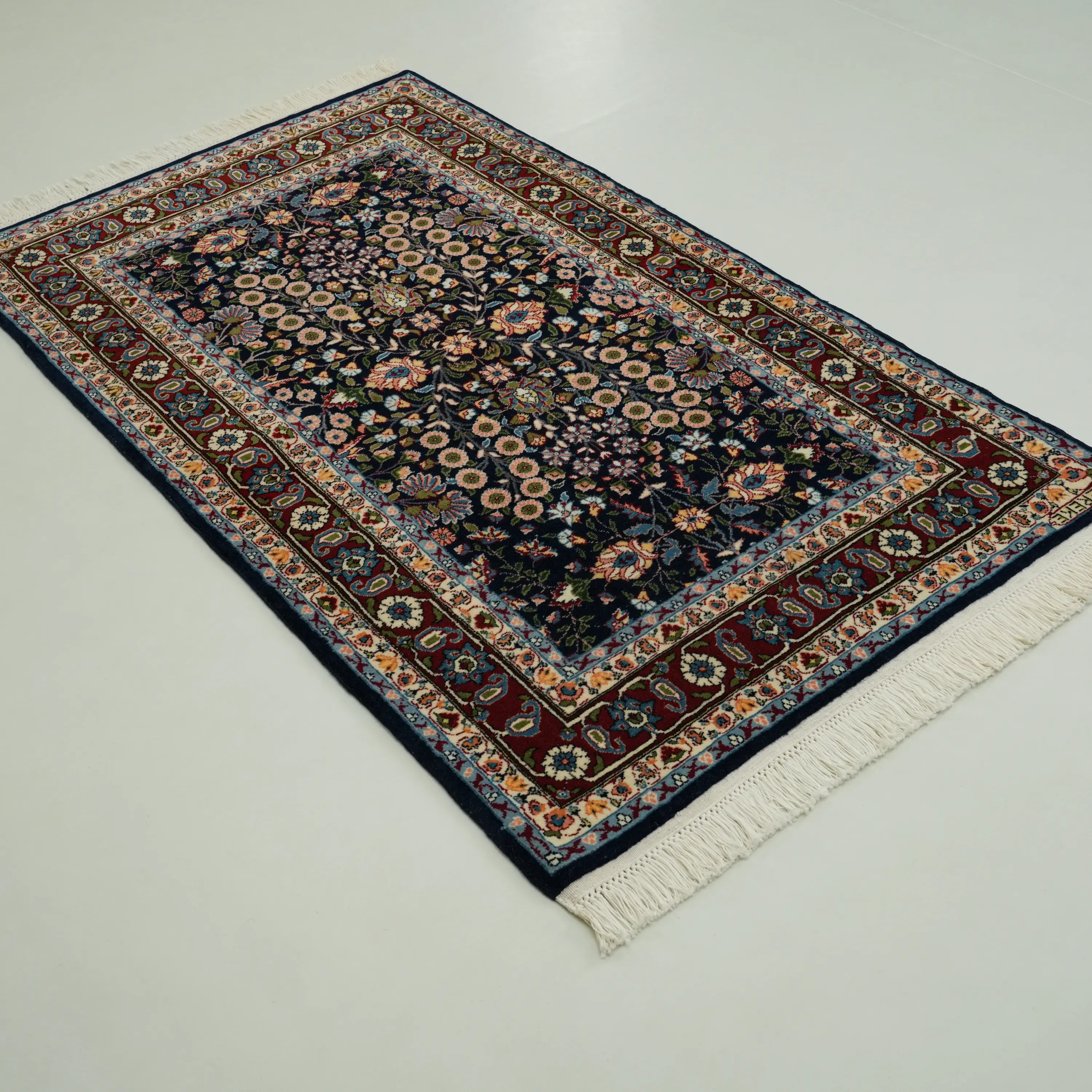 Handwoven Hereke Patterned Navy Blue Wool Rug