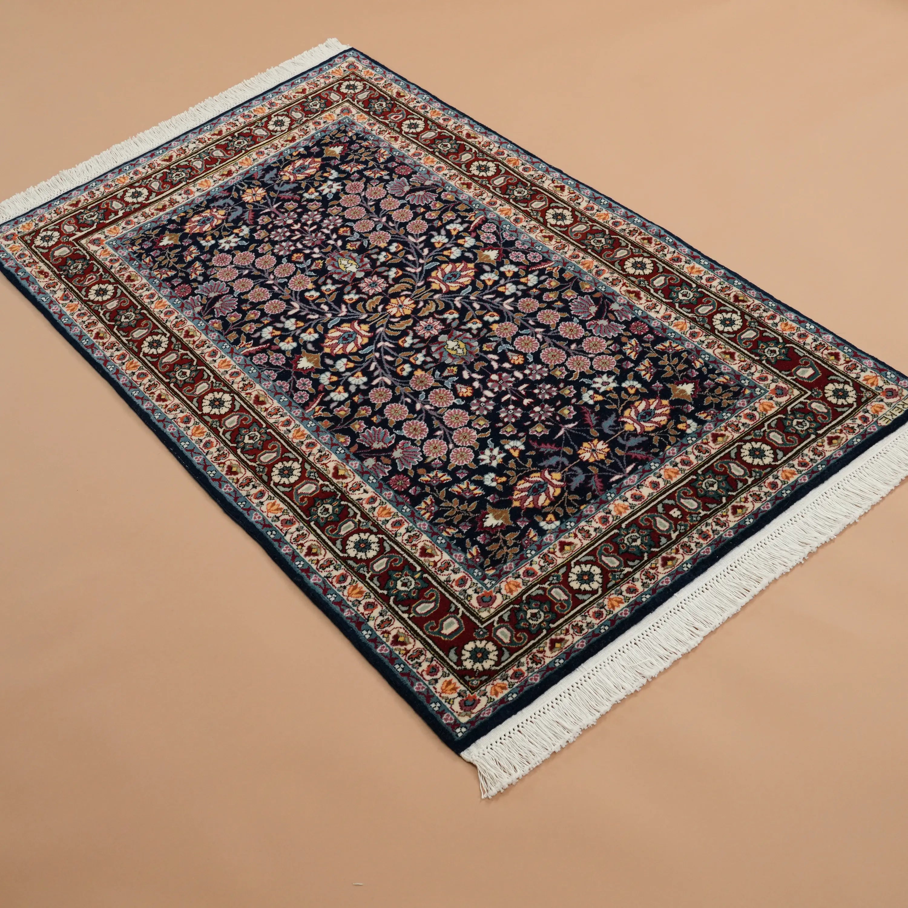 Handwoven Hereke Patterned Navy Wool Root Dye Rug