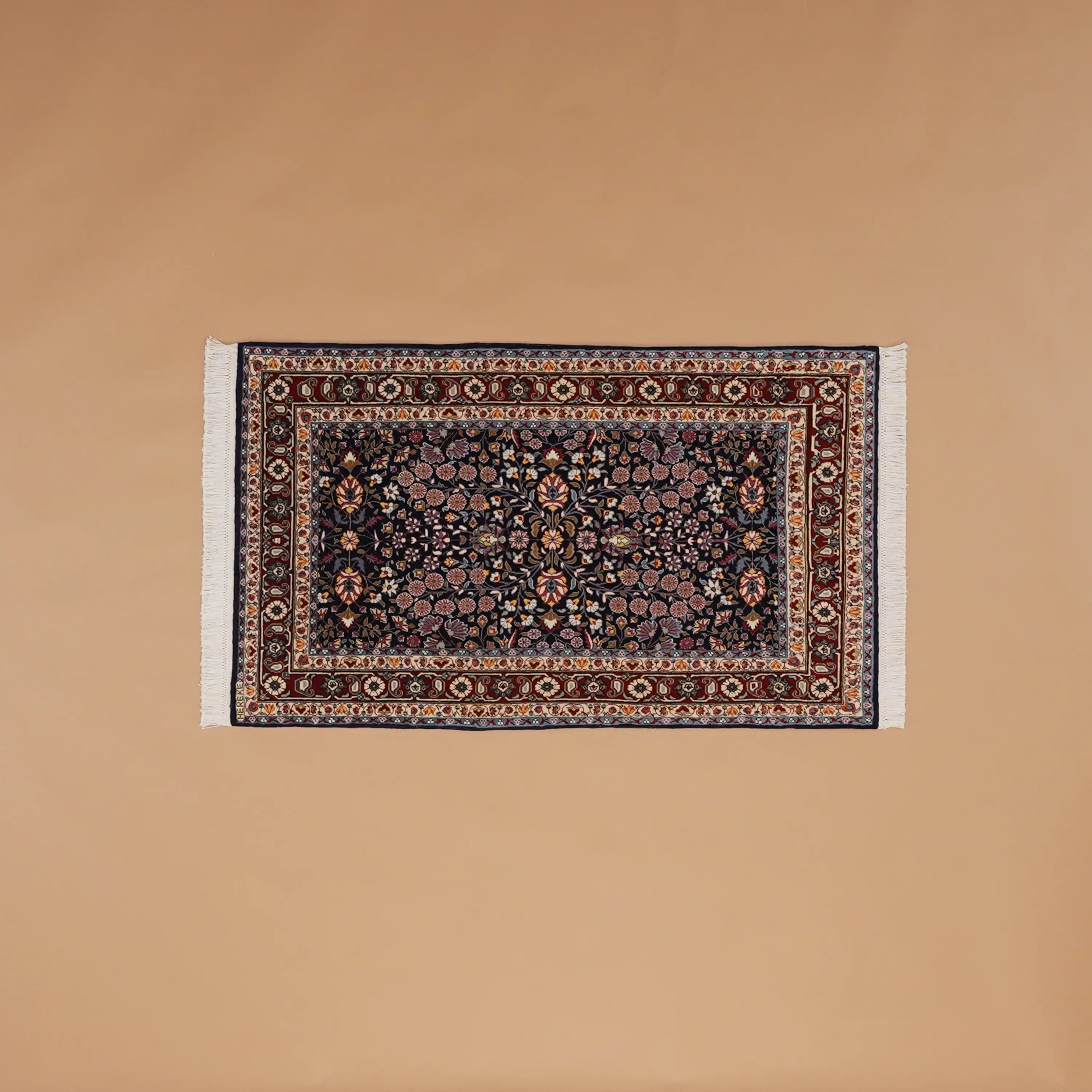 Handwoven Hereke Patterned Navy Wool Root Dye Rug