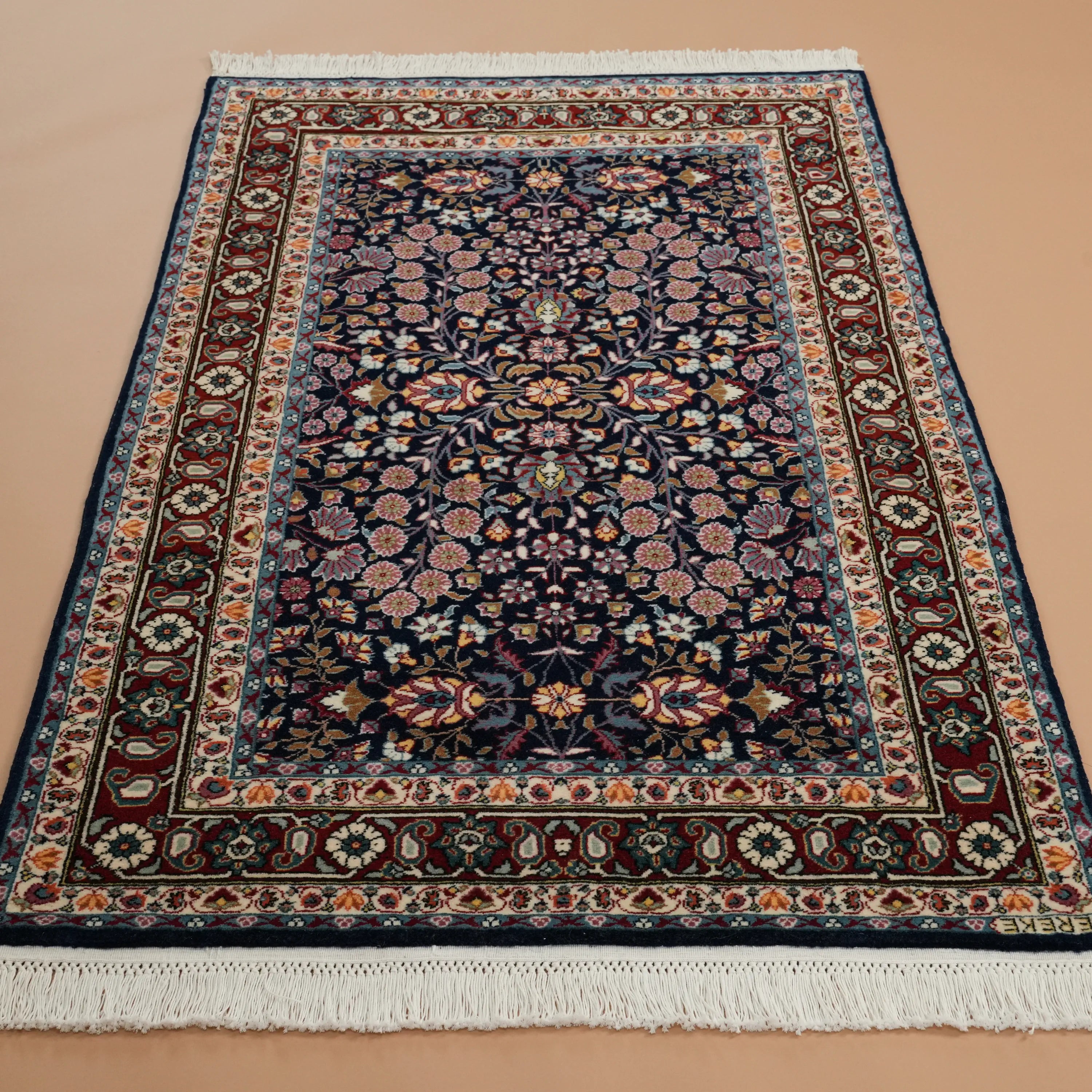 Handwoven Hereke Patterned Navy Wool Root Dye Rug