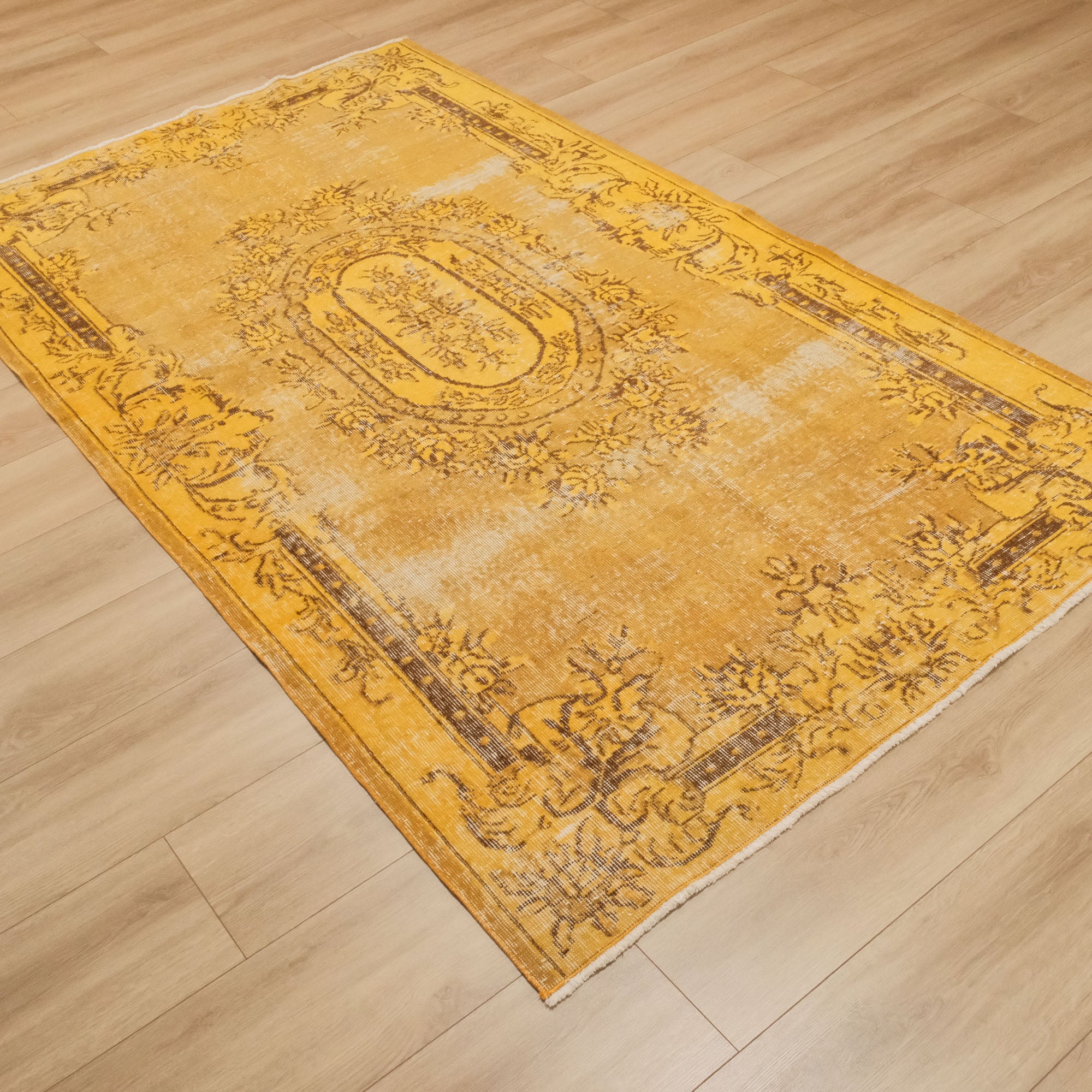Hand Woven Classic Vintage Patterned Yellow Wool Carpet