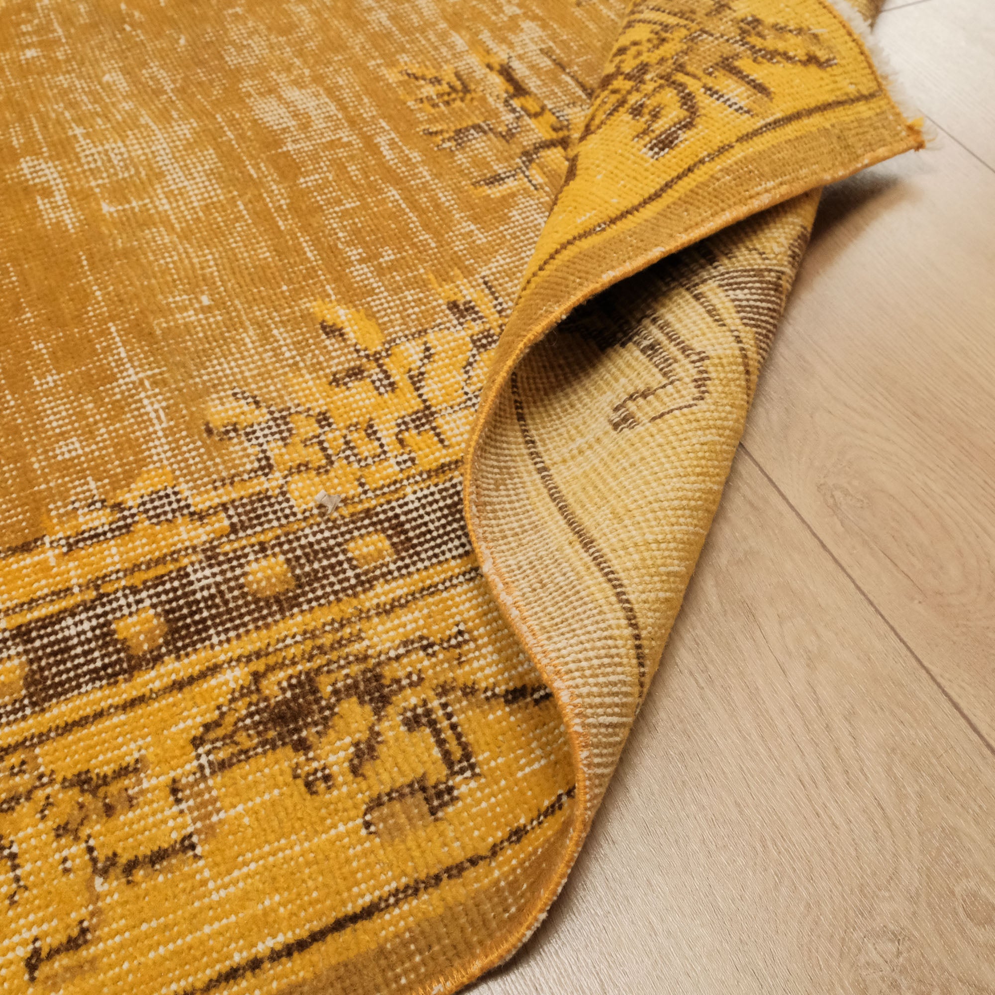 Hand Woven Classic Vintage Patterned Yellow Wool Carpet