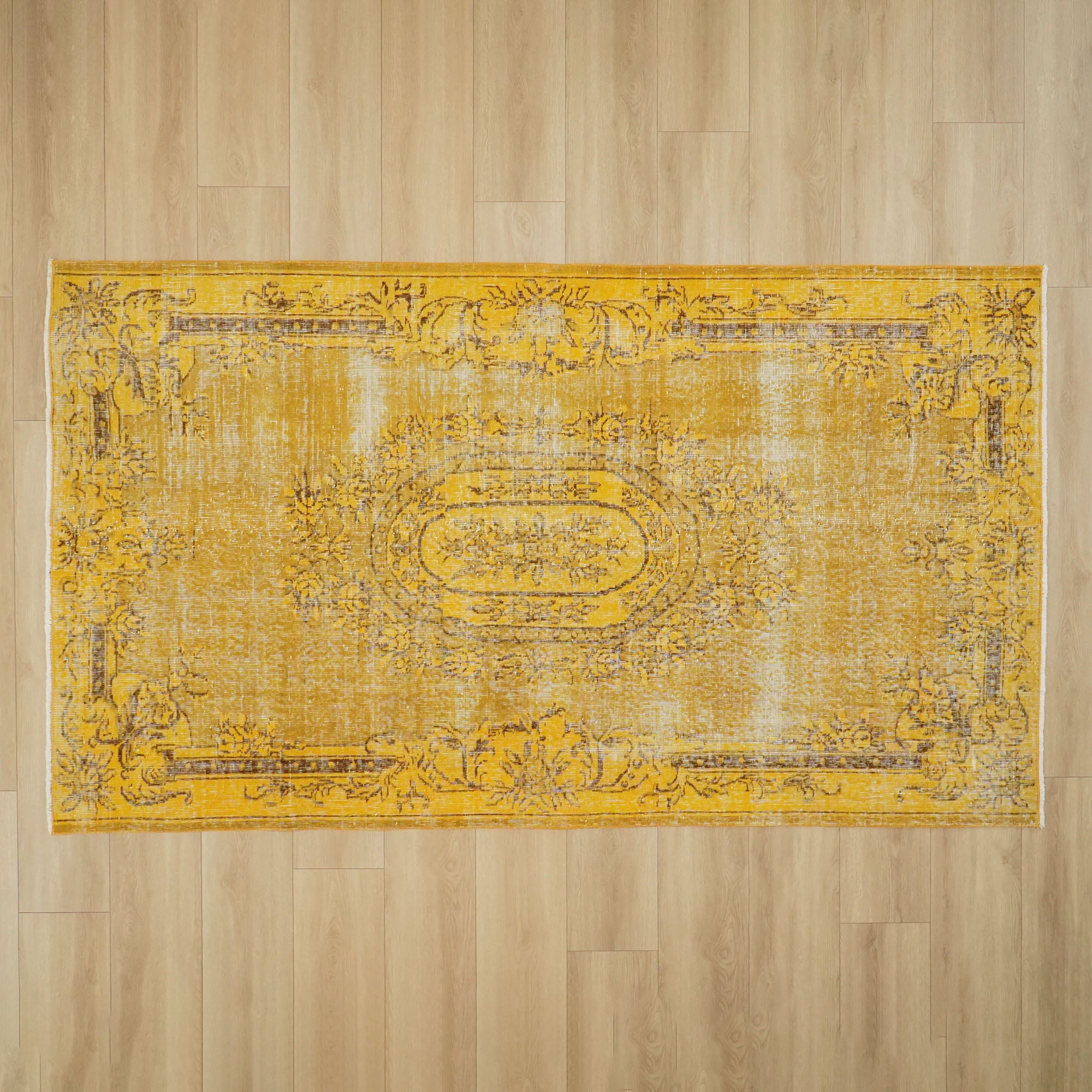 Hand Woven Classic Vintage Patterned Yellow Wool Carpet