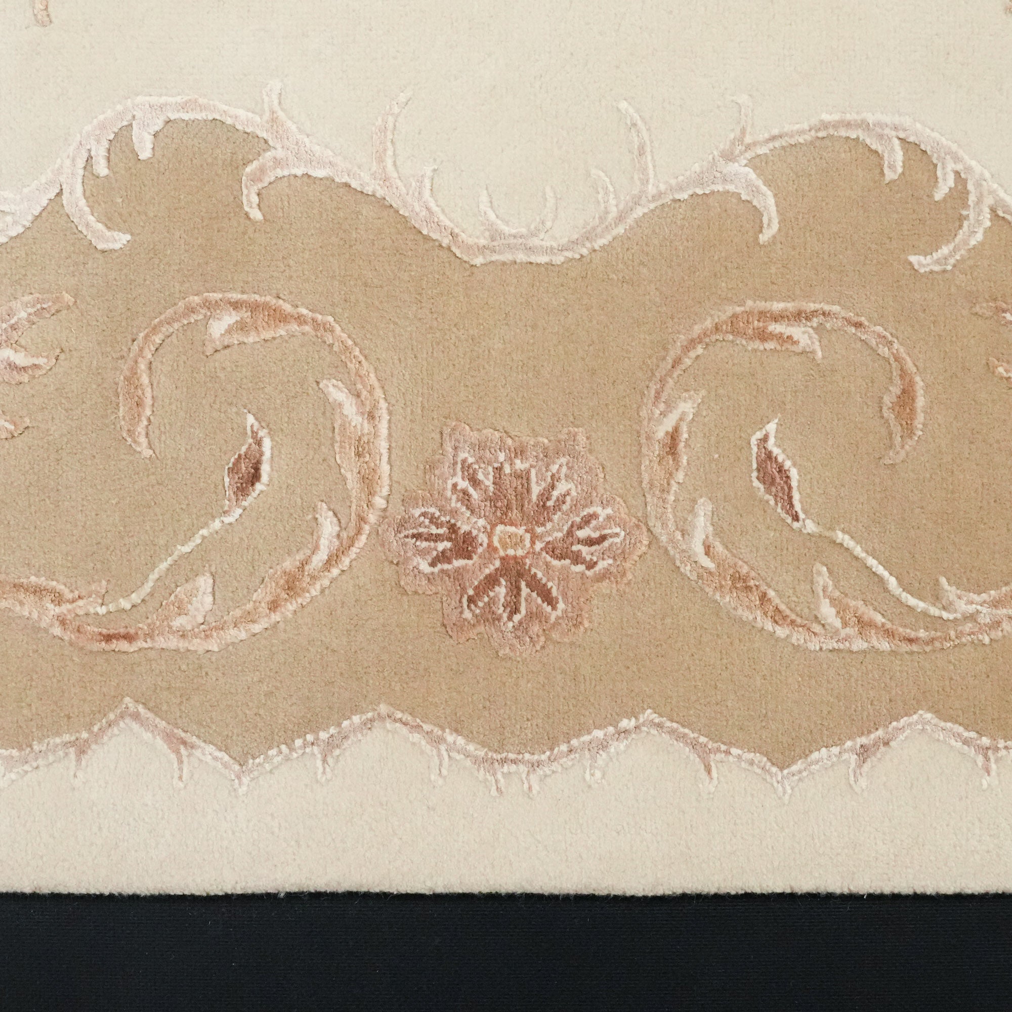 Classic Wool Carpet with Hand-Woven Cream Frame Pattern