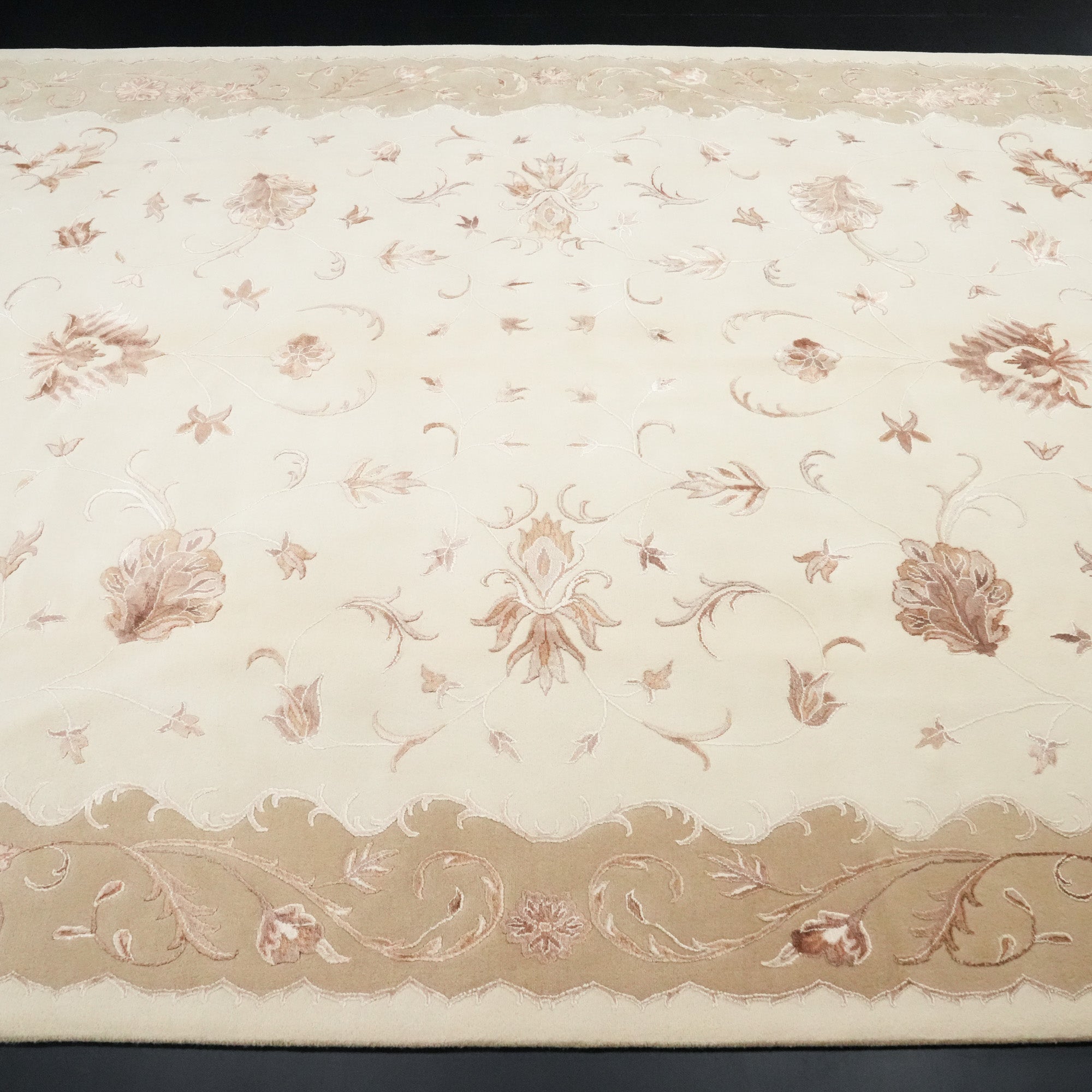 Classic Wool Carpet with Hand-Woven Cream Frame Pattern