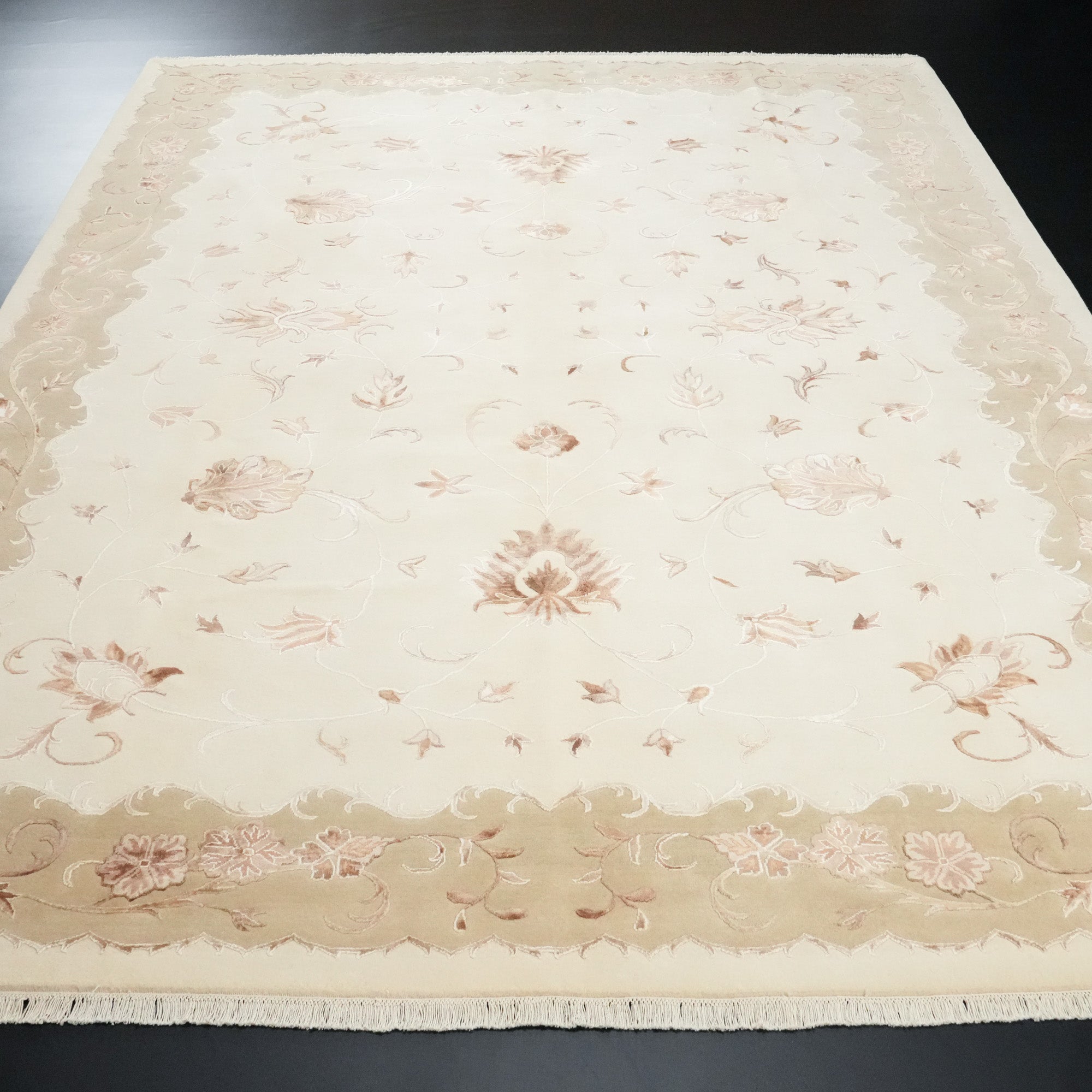 Classic Wool Carpet with Hand-Woven Cream Frame Pattern