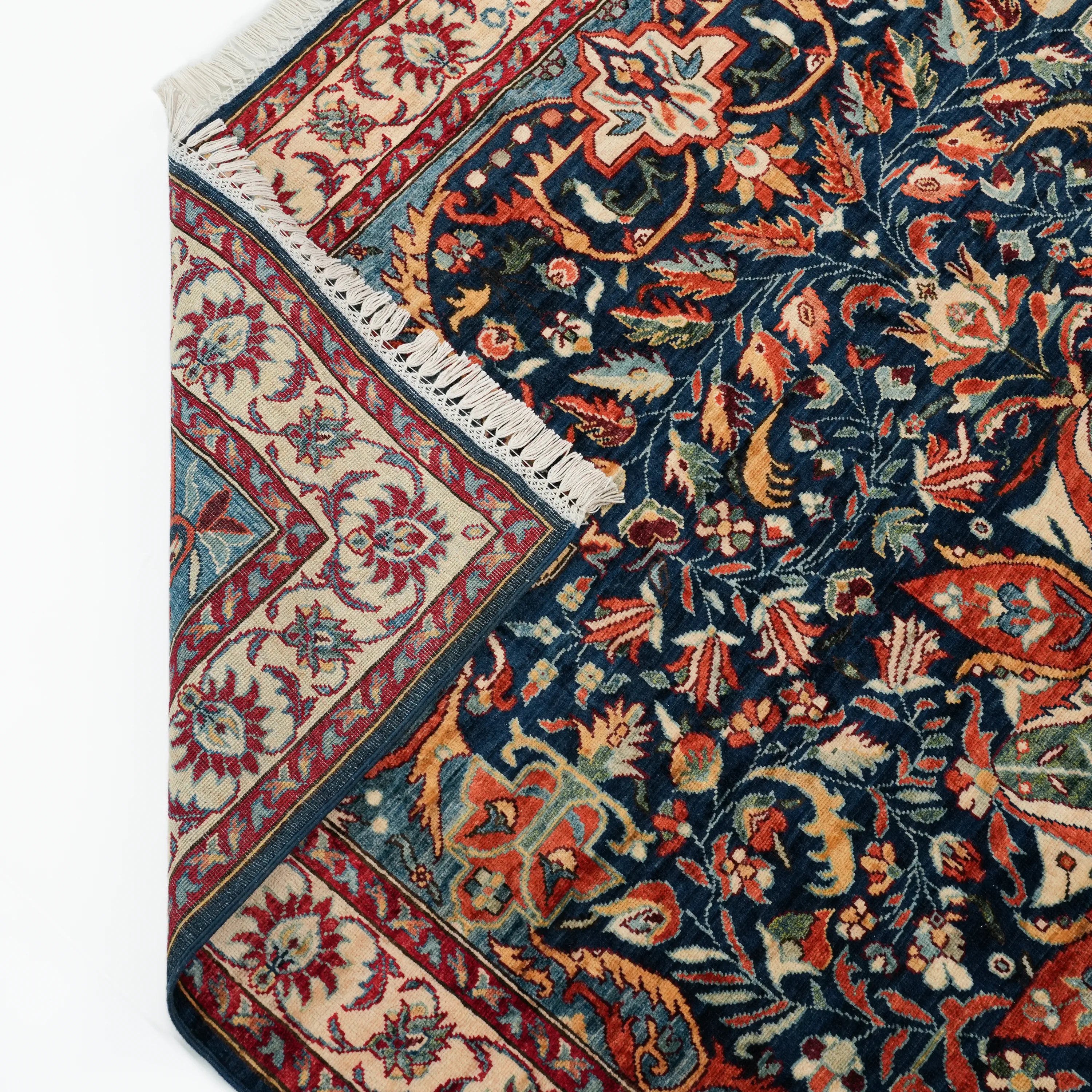 Handwoven Medallion Uşak Patterned Wool Navy Blue Rug