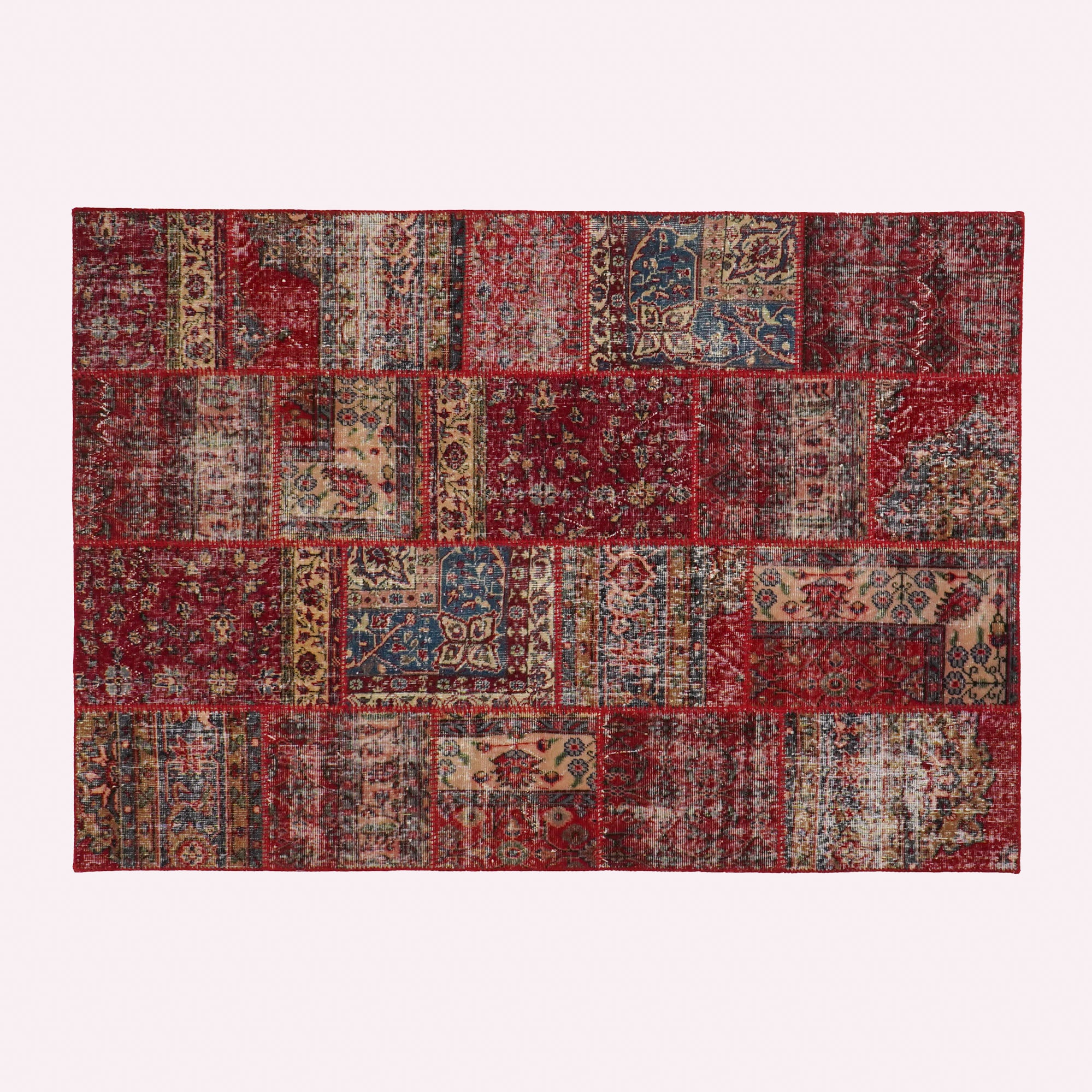 Handwoven Patchwork Patterned Red Wool Ethnic Rug