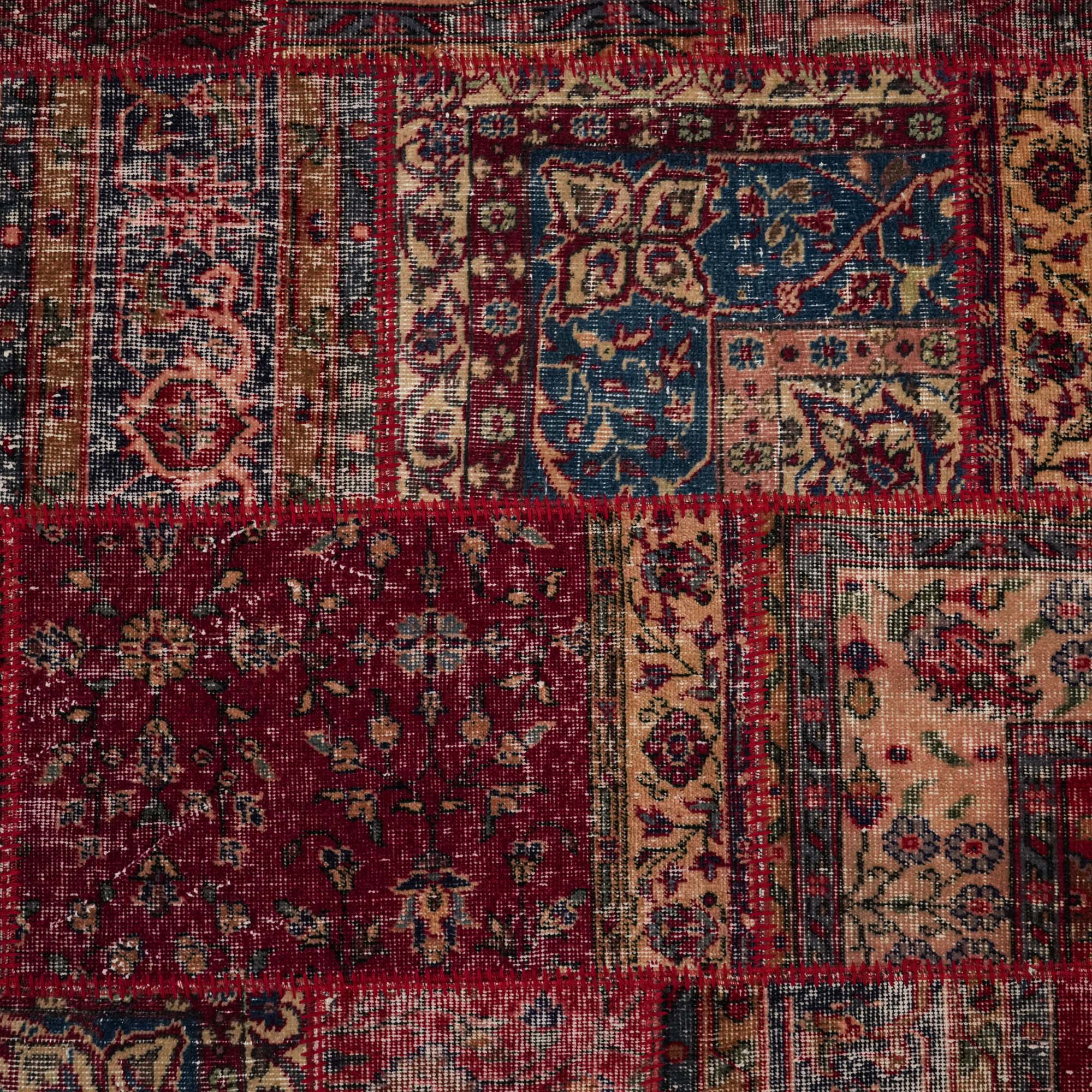 Handwoven Patchwork Patterned Red Wool Ethnic Rug