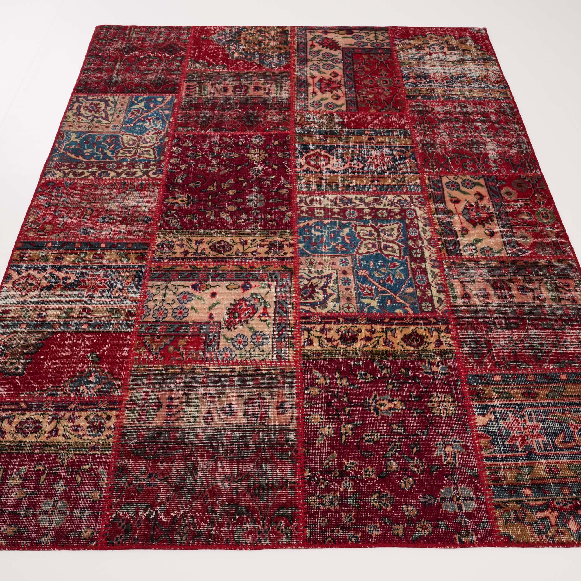 Handwoven Patchwork Patterned Red Wool Ethnic Rug