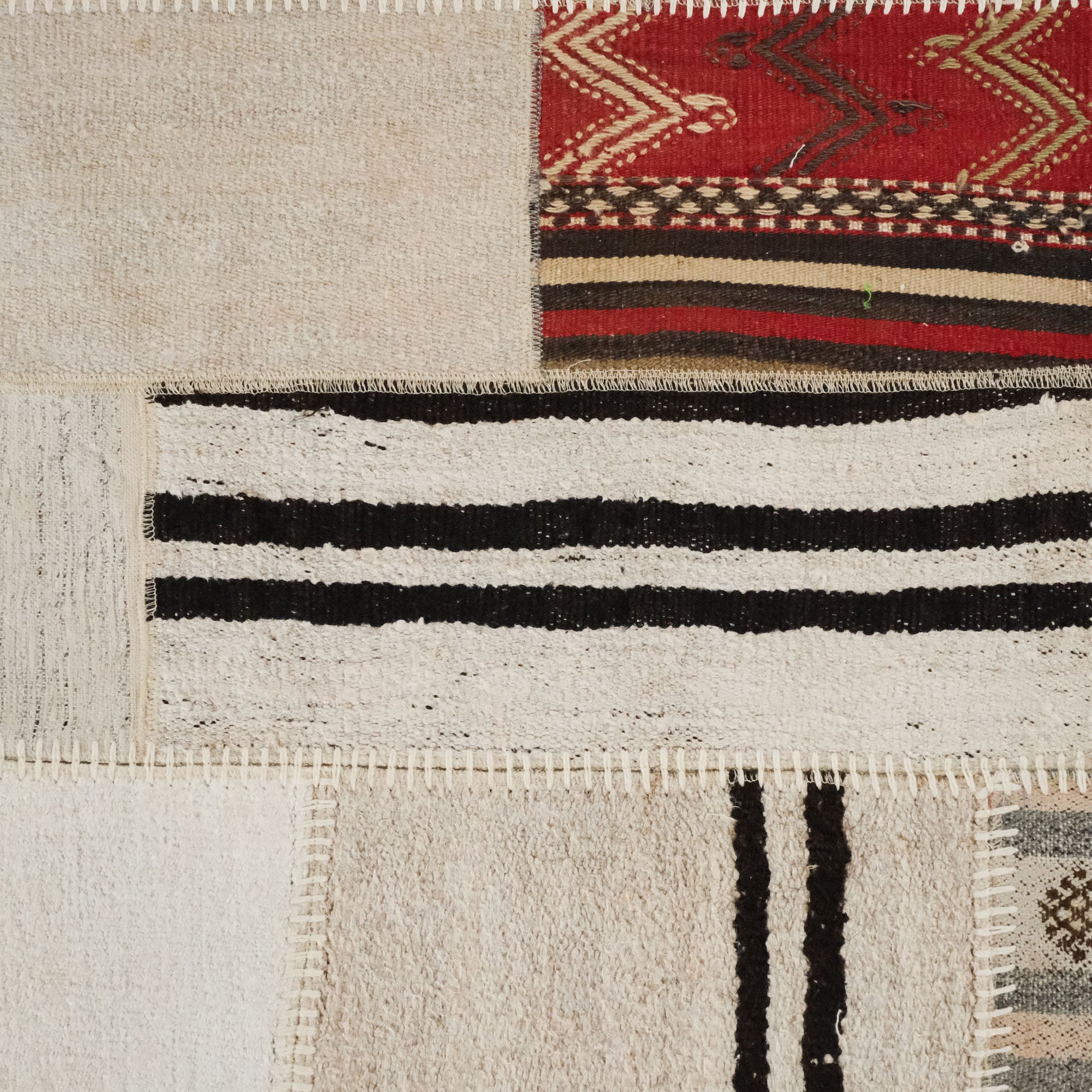 Hand Woven Patchwork Patterned Cream Hessian Carpet