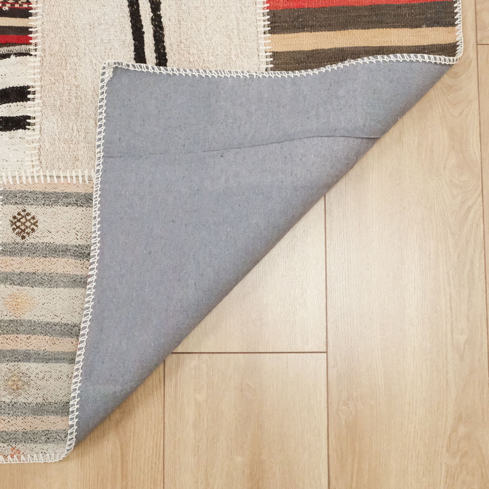 Hand Woven Patchwork Patterned Cream Hessian Carpet