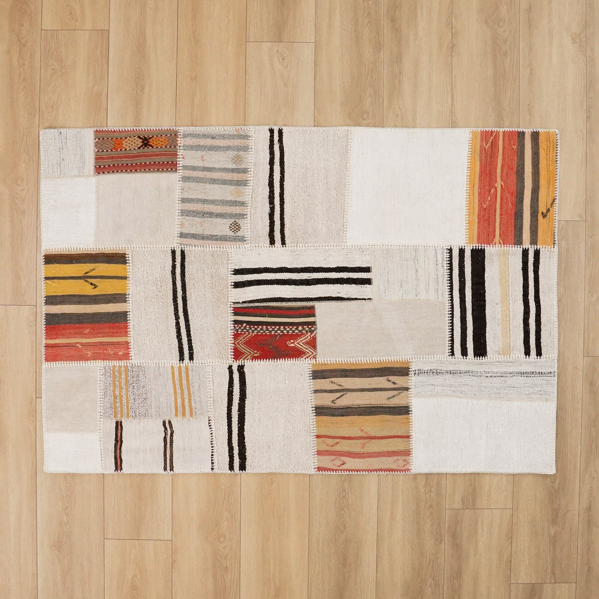 Hand Woven Patchwork Patterned Cream Hessian Carpet