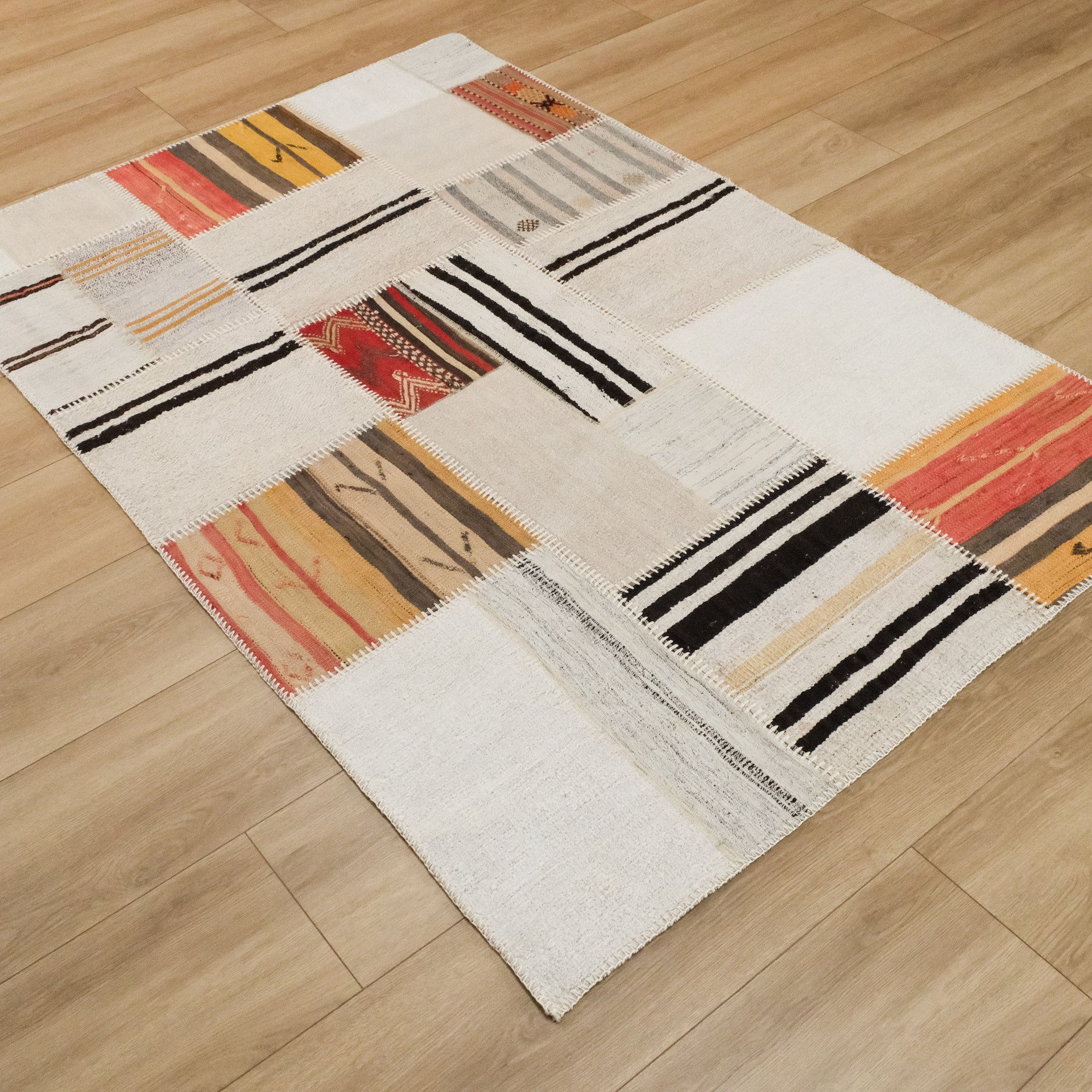 Hand Woven Patchwork Patterned Cream Hessian Carpet