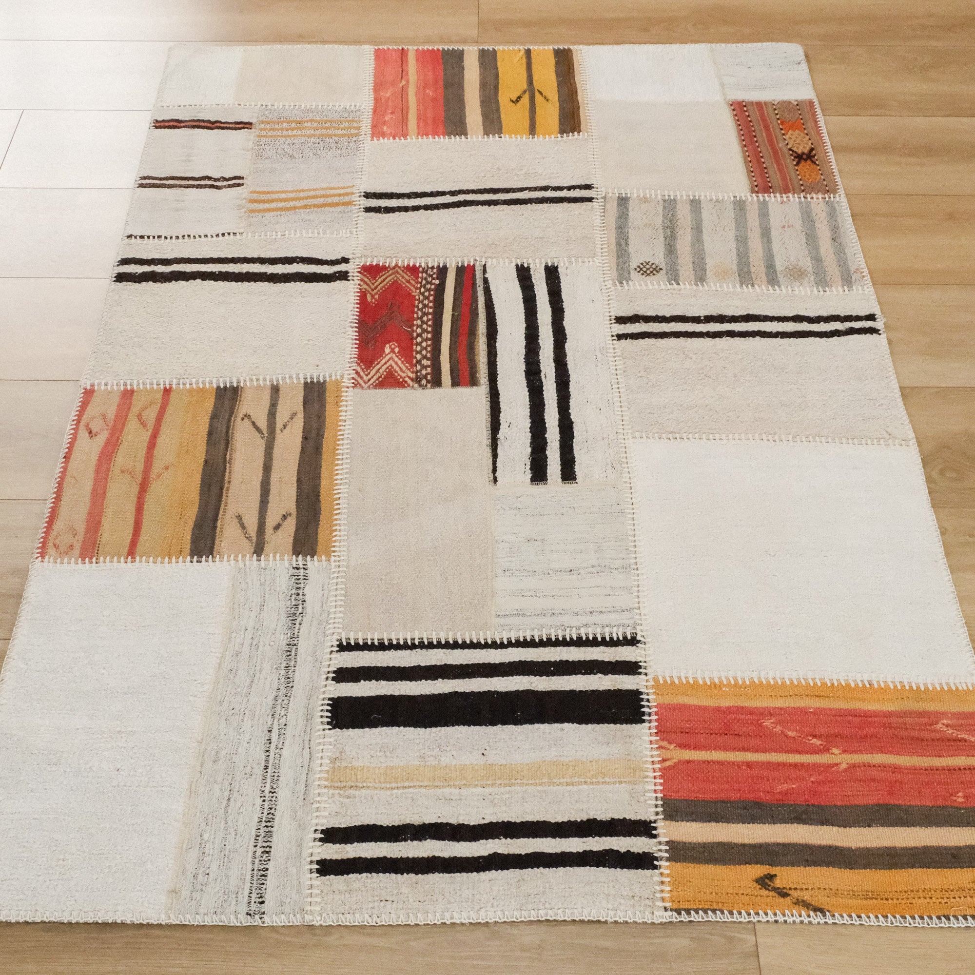 Hand Woven Patchwork Patterned Cream Hessian Carpet