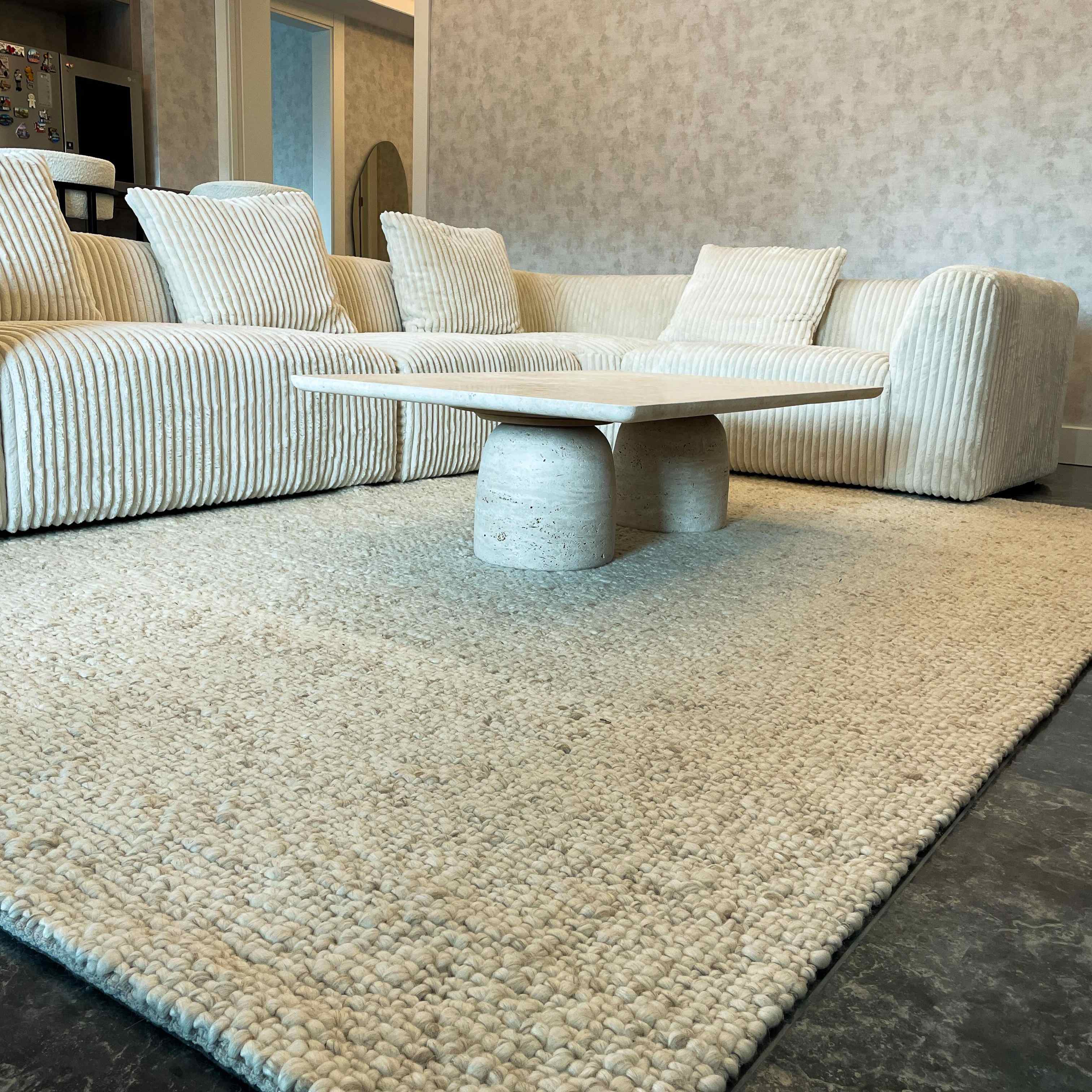 Hand Woven Plain Patterned White Wool Carpet