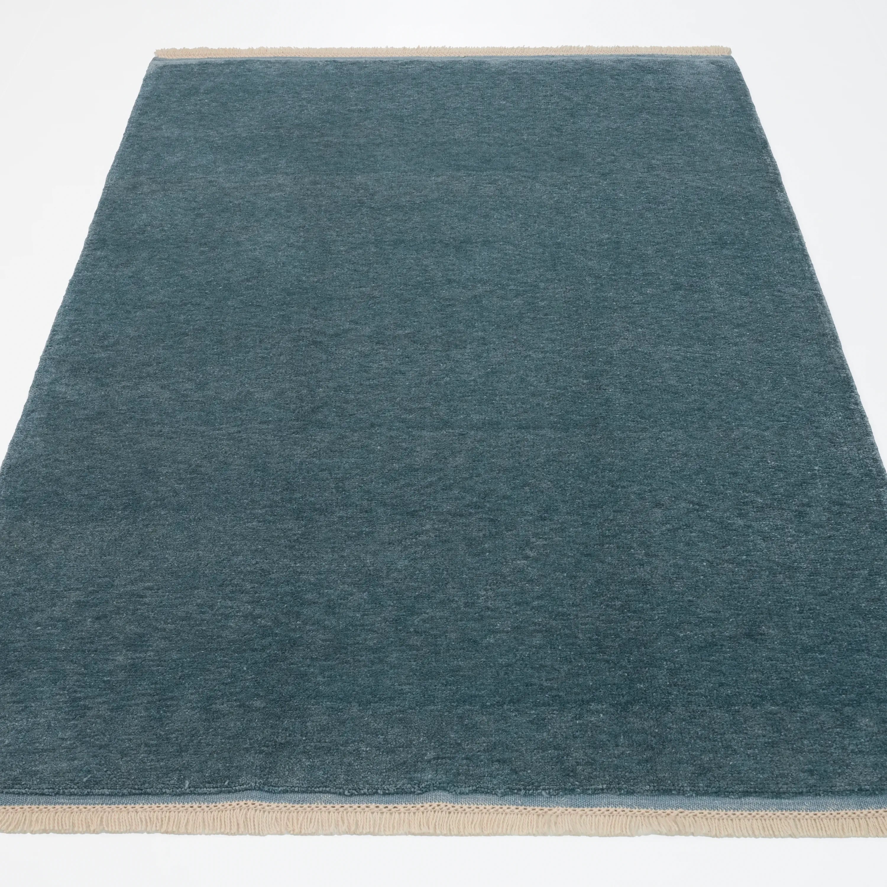 Handwoven Plain Patterned Blue Wool Rug