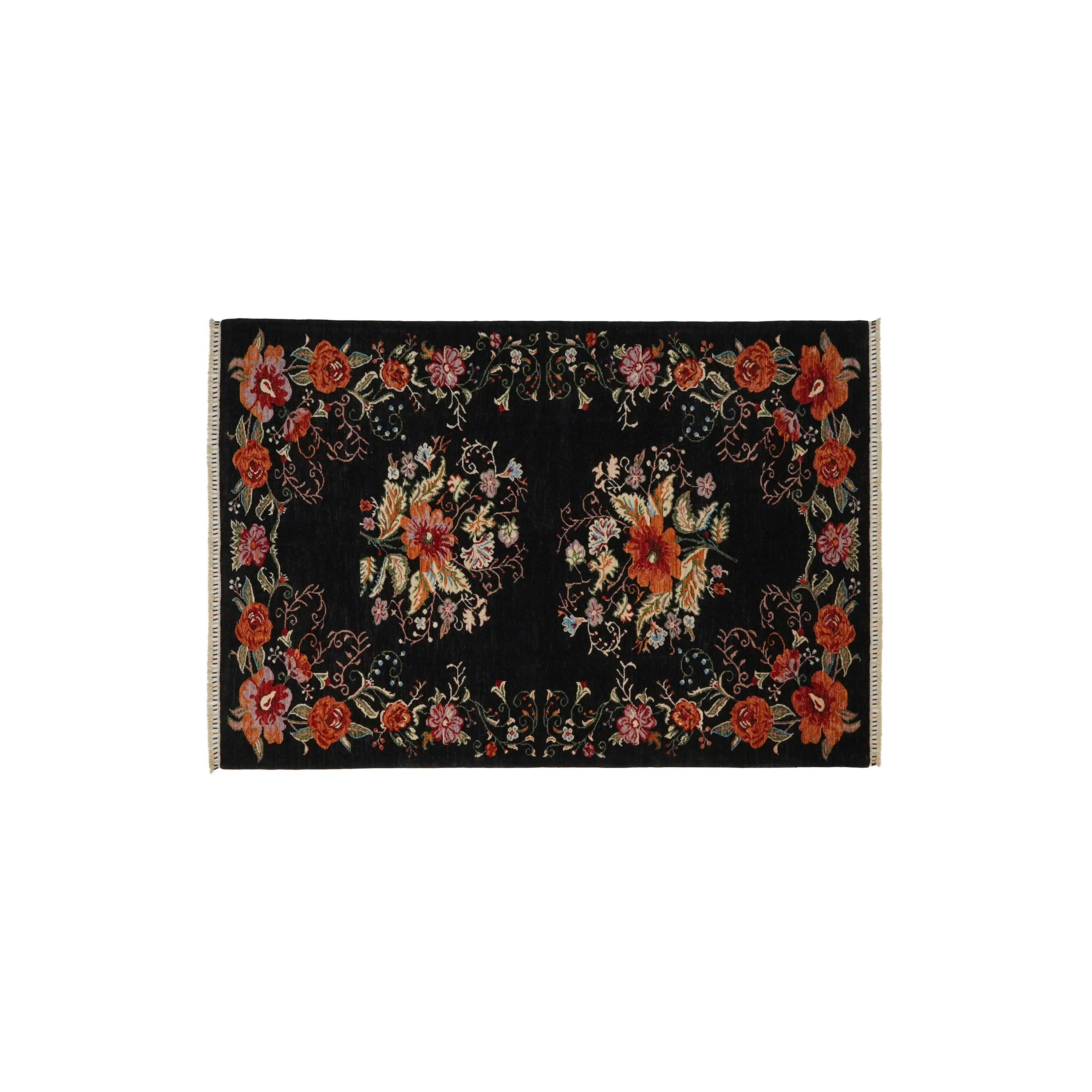 El Dokuma Siyah Karabağ Desenli Yün Siyah Halı