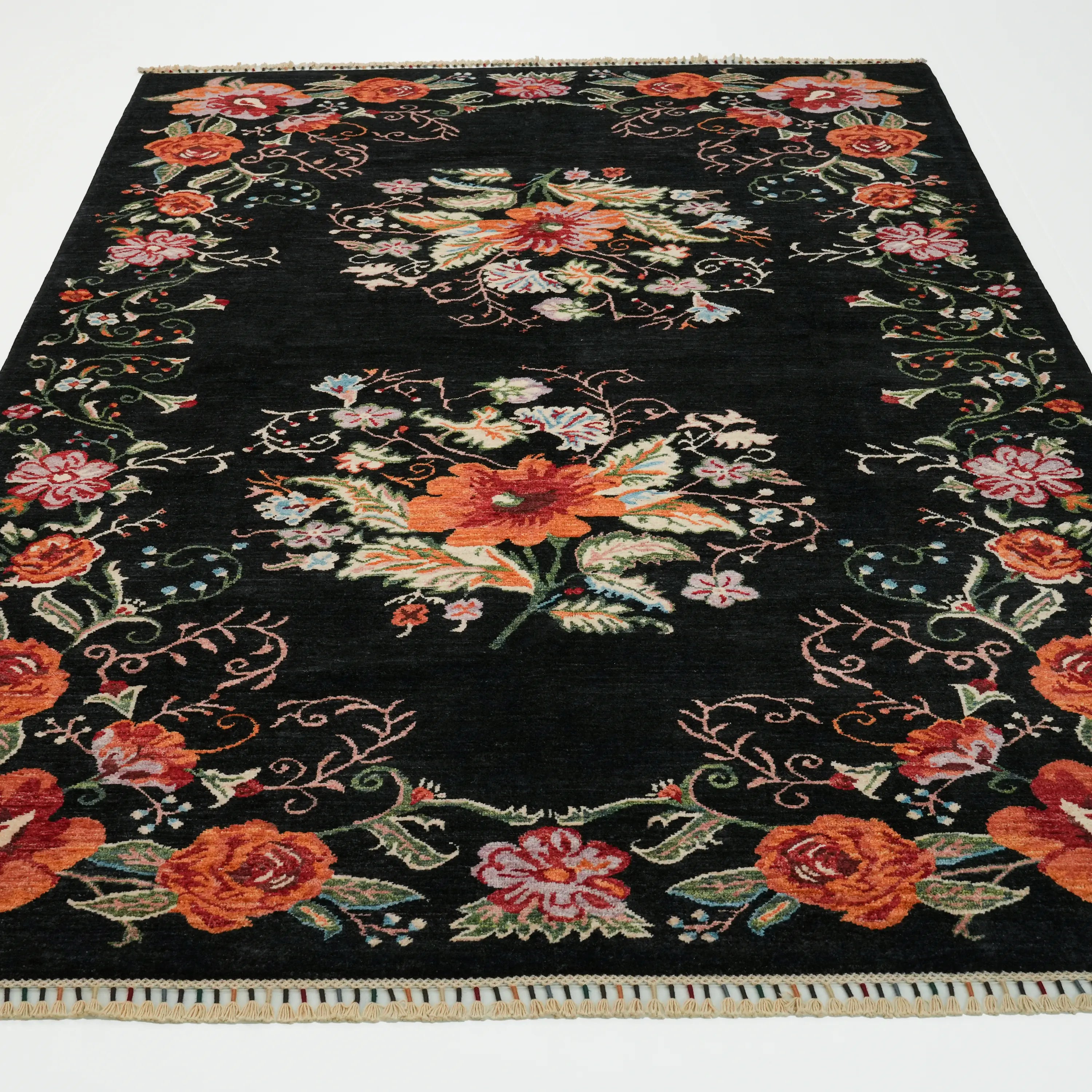Handwoven Black Karabakh Patterned Wool Black Rug