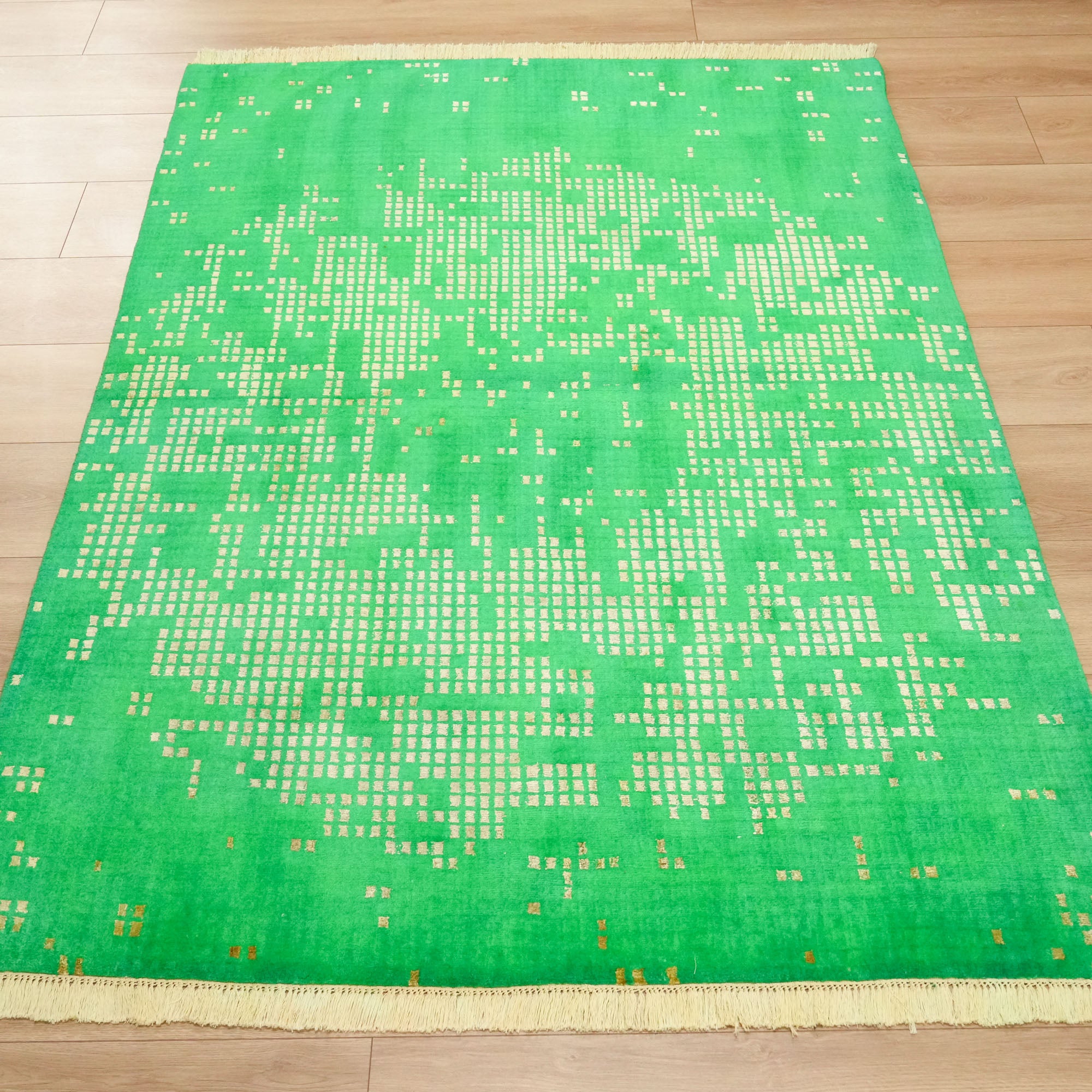 Hand Woven Abstract Patterned Green Wool Carpet