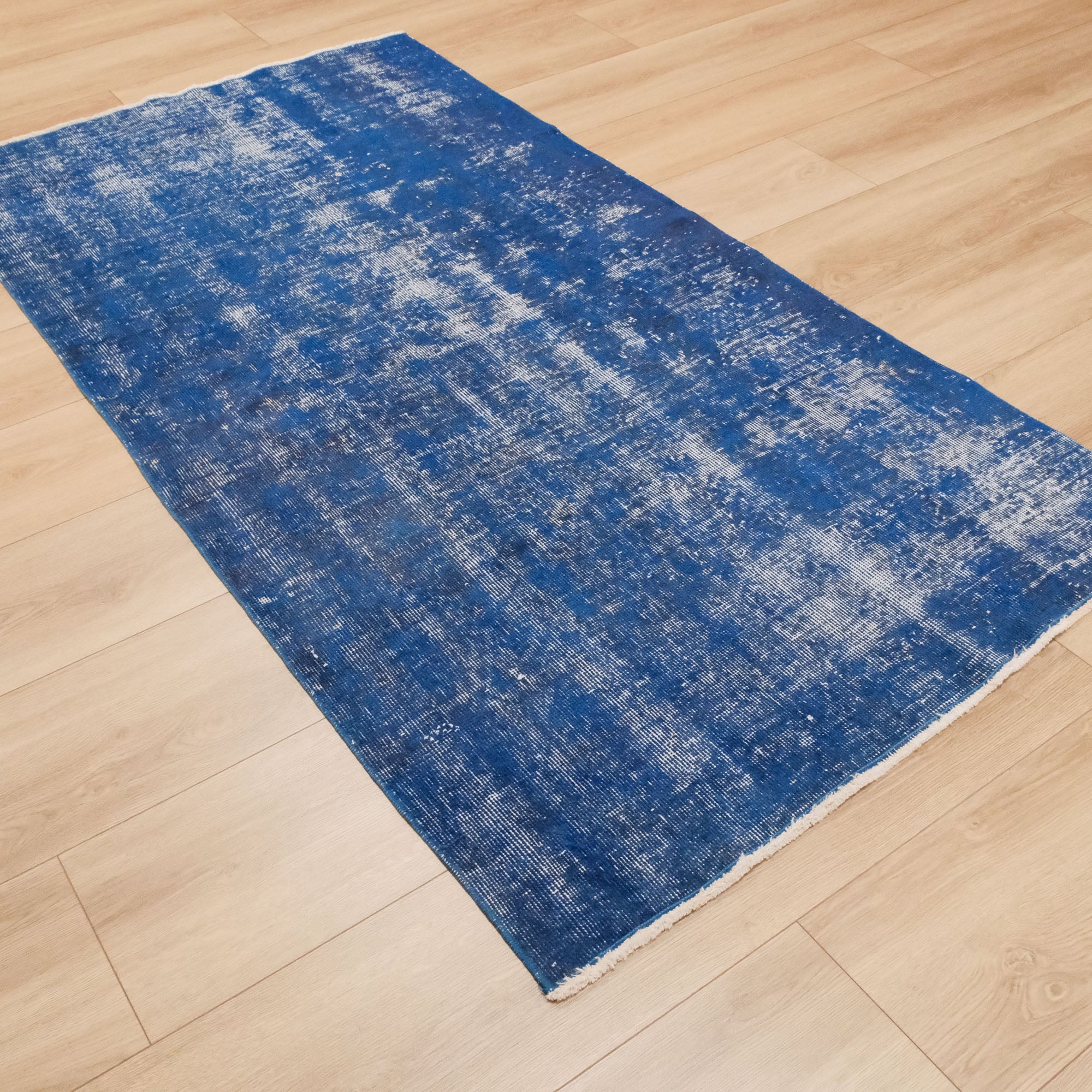 Hand-Woven Vintage Patterned Navy Blue Wool Carpet
