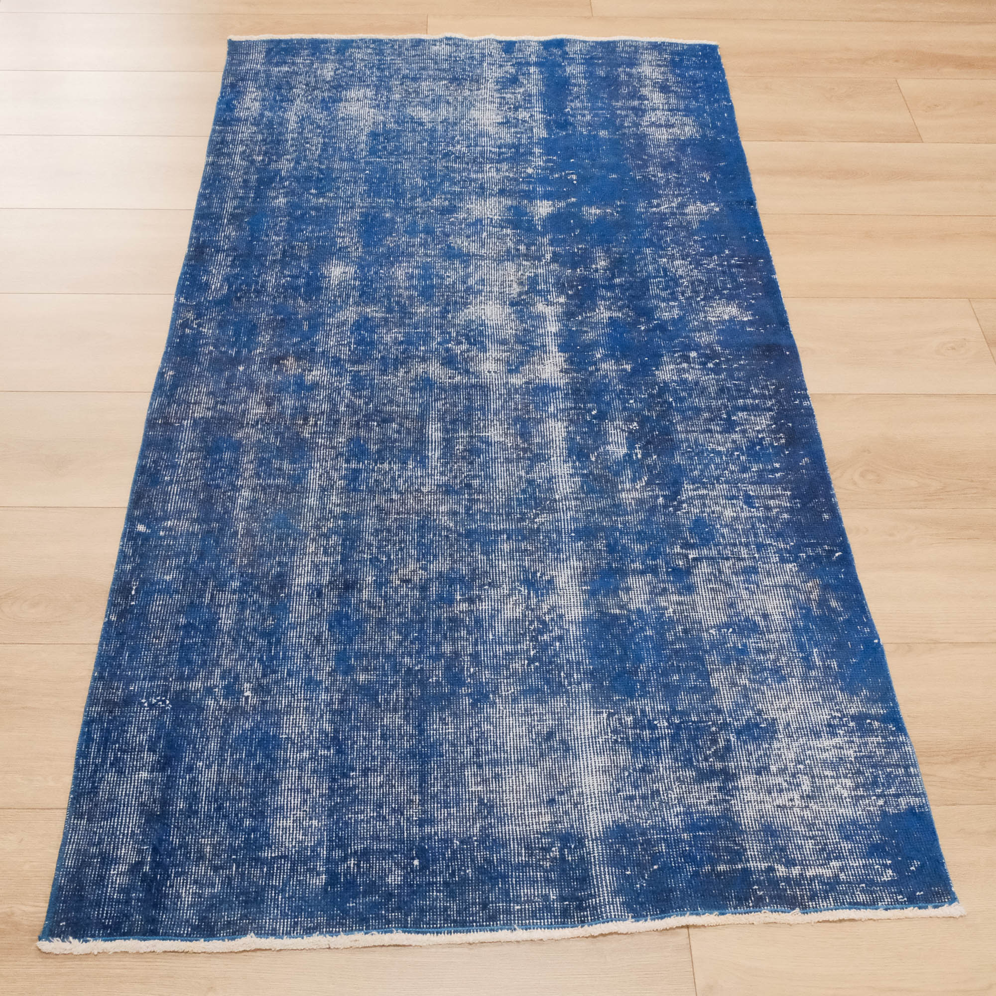 Hand-Woven Vintage Patterned Navy Blue Wool Carpet